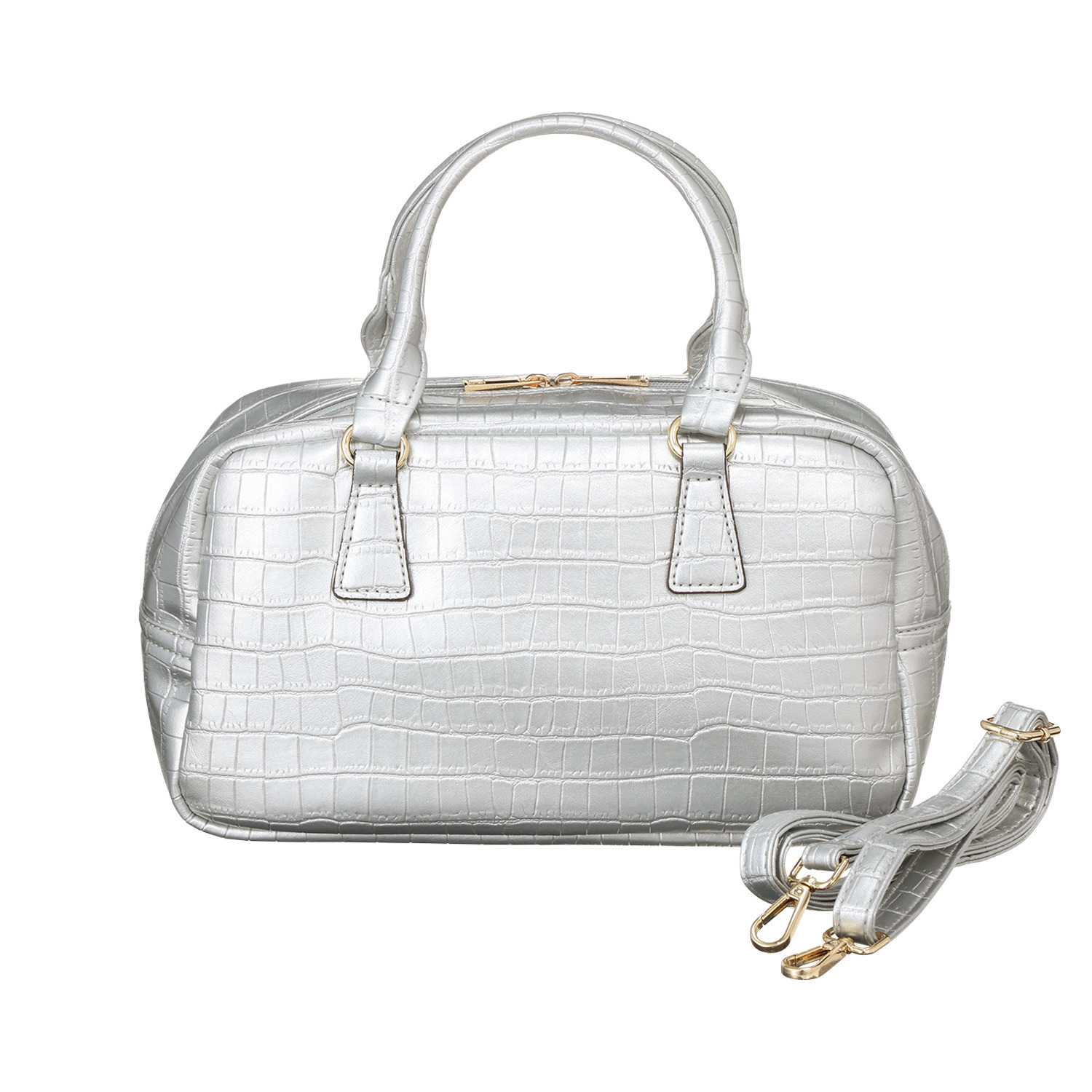 ラルジュ リアルな高級感！ クロコダイル型押し フェイクレザー ２ウェイ スクエアボストンバッグ