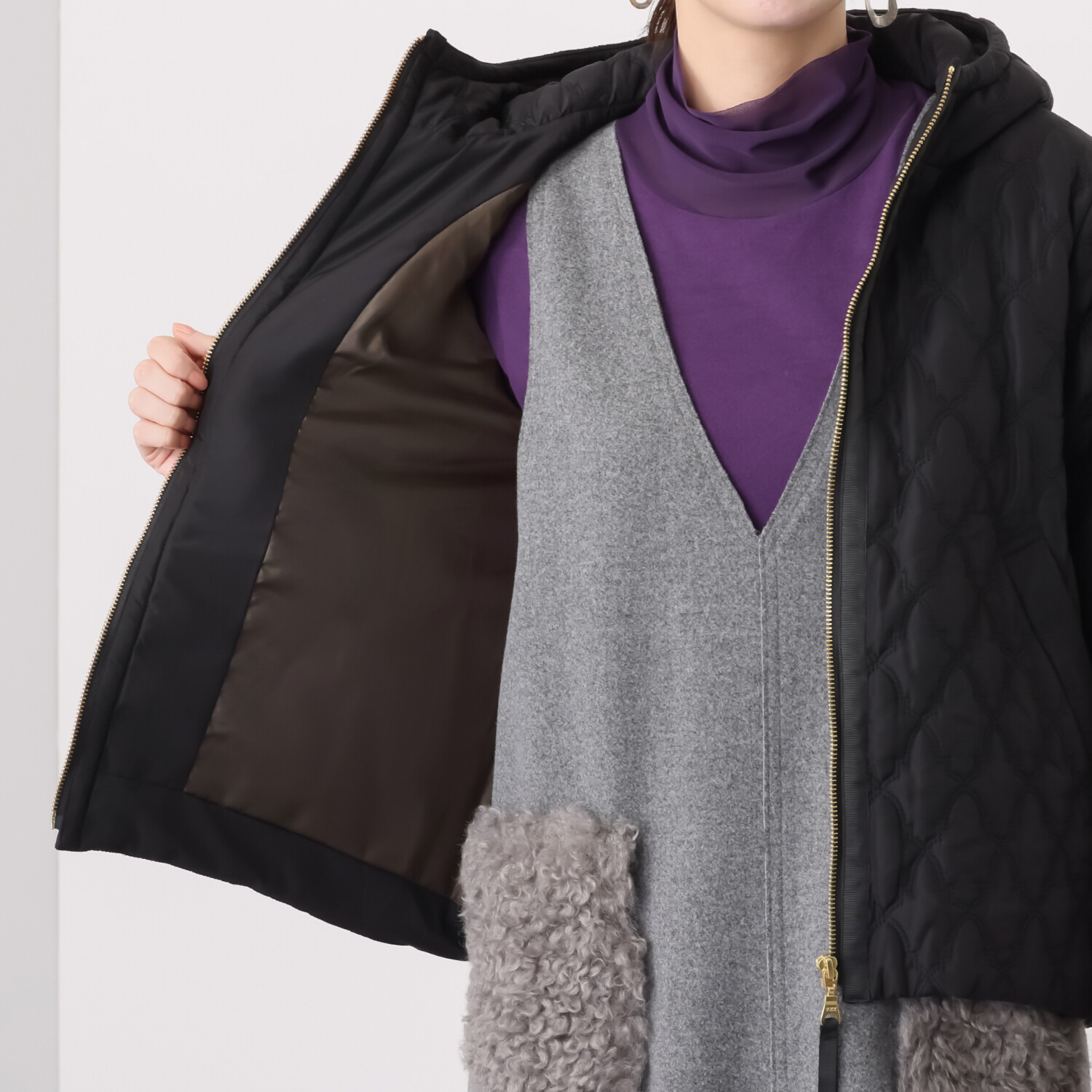 スタイル・ラヴィー テープ＆バックギャザー アクセント 中綿入り フーディージャケット