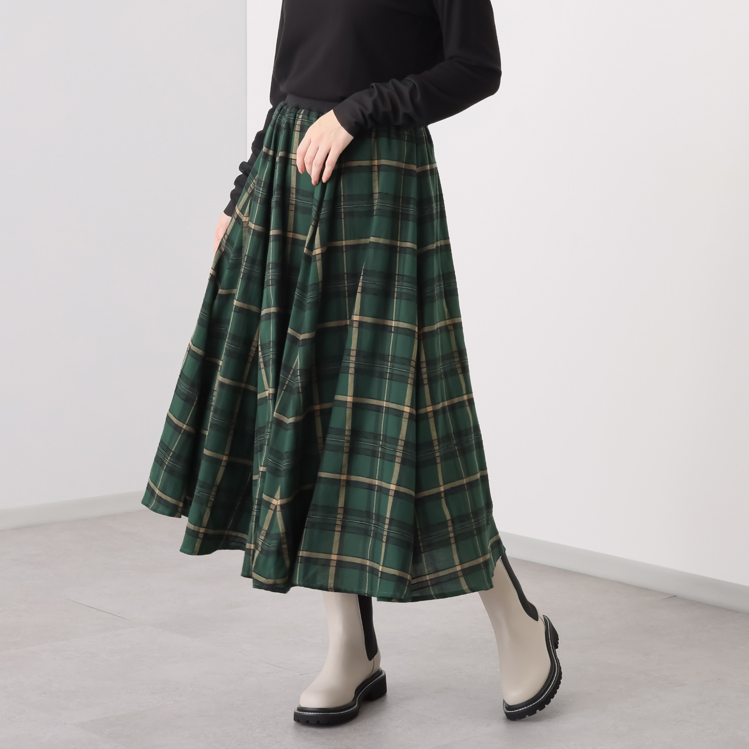 スタイル・ラヴィー モール糸入り先染チェック リブ＆ゴムウエスト フレアースカート