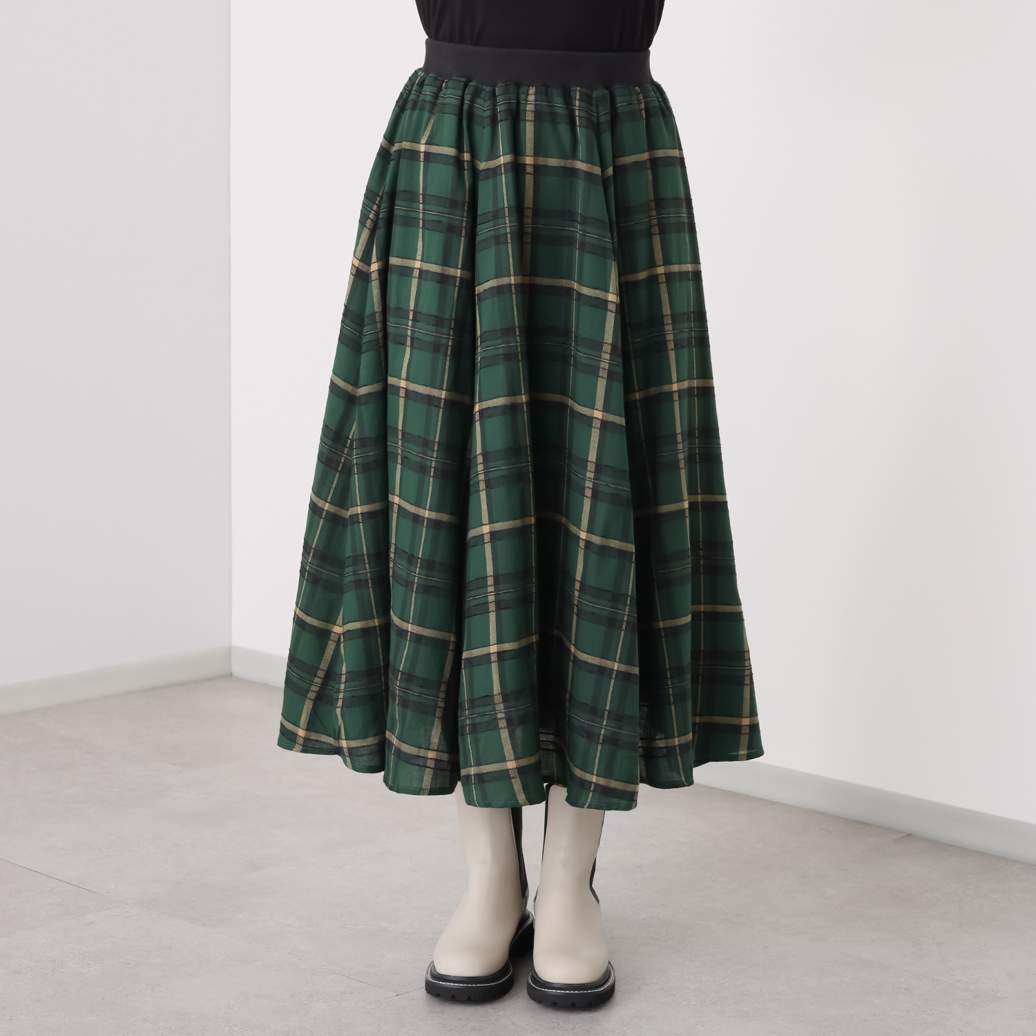 スタイル・ラヴィー モール糸入り先染チェック リブ＆ゴムウエスト フレアースカート