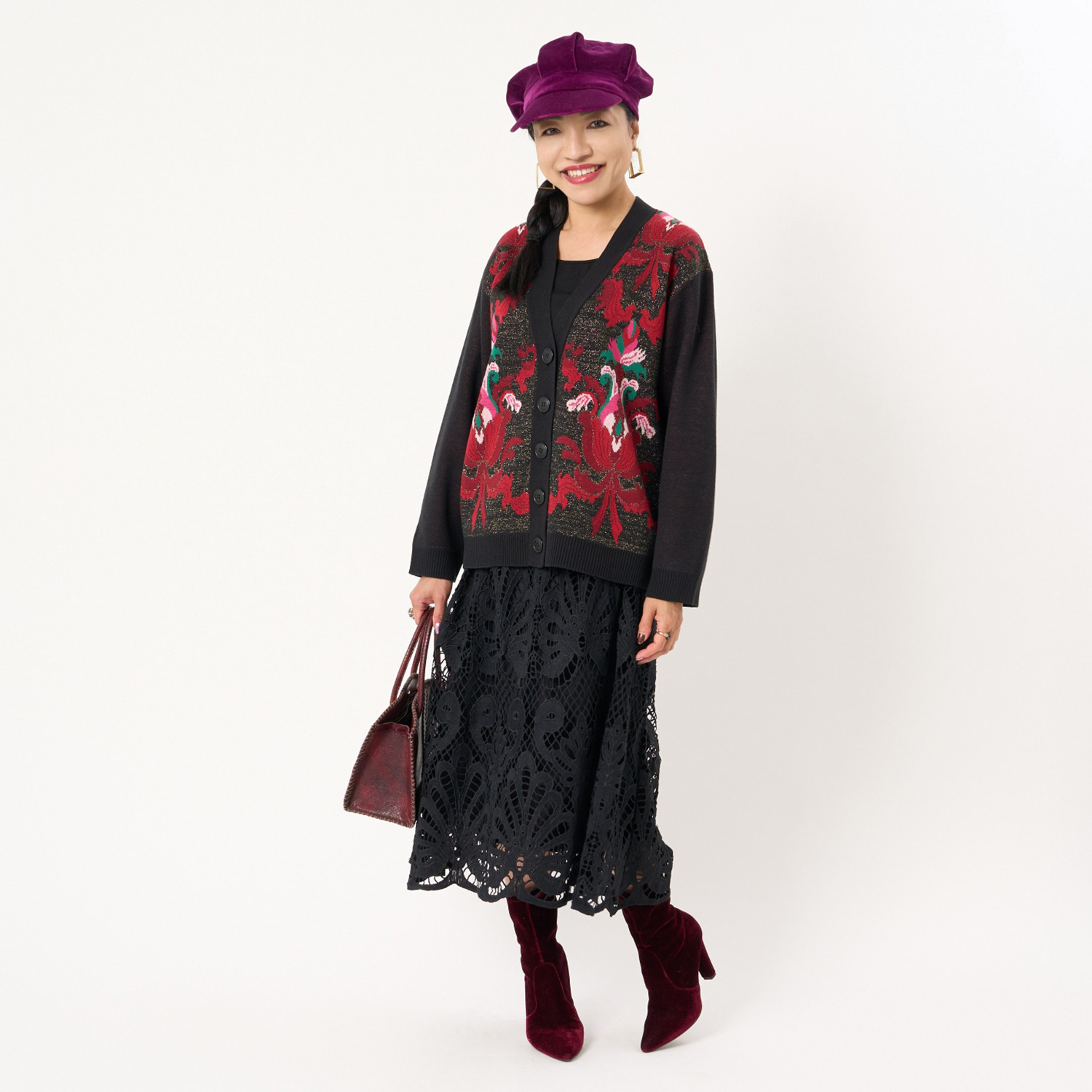 ミューリエ ヴィンテージ感漂う魅力 アラベスク柄ジャガード ニットカーディガン