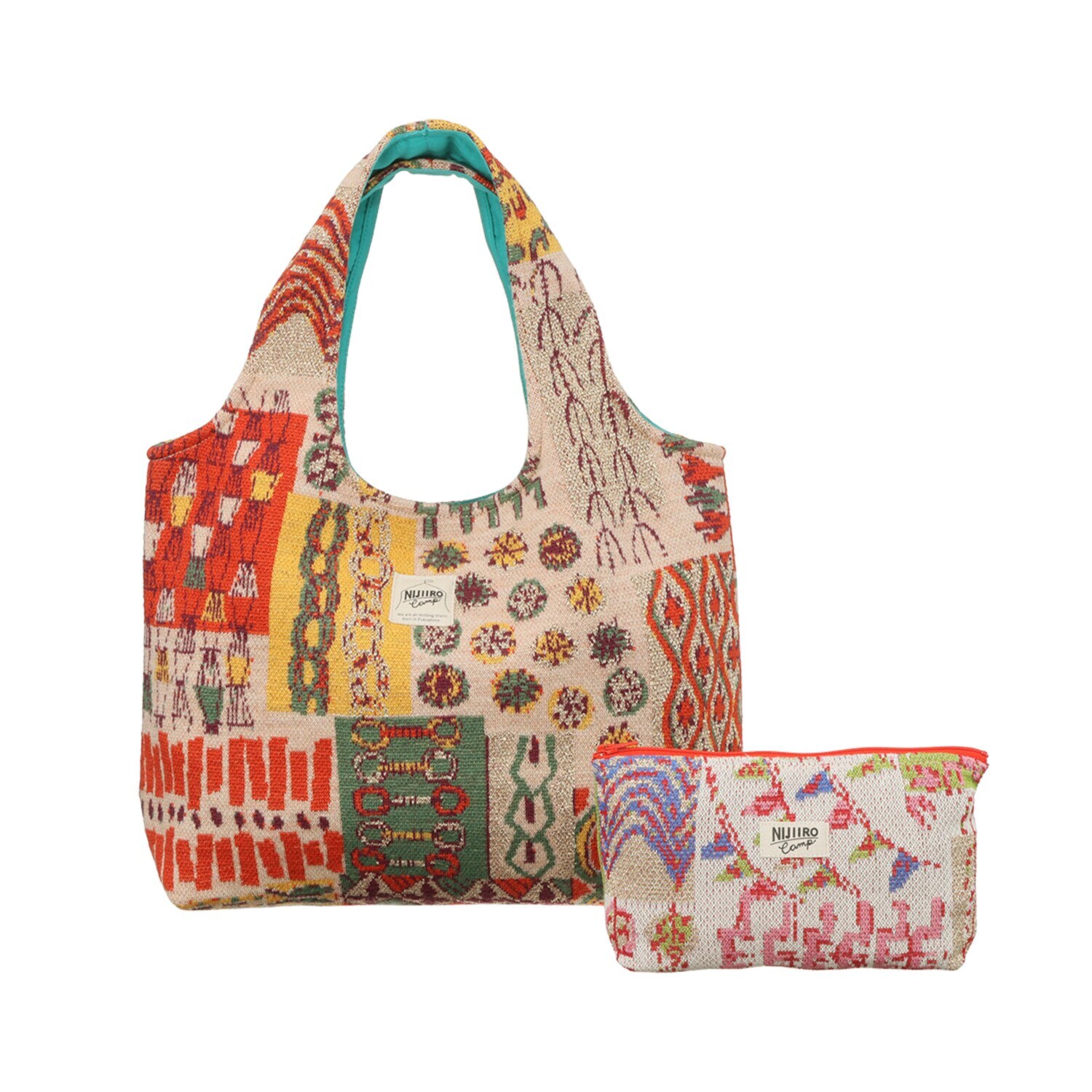 ニジイロキャンプ 日本製 ジャガード編 １２ゲージ 多色使いニットバッグ ＜ポーチ付＞
