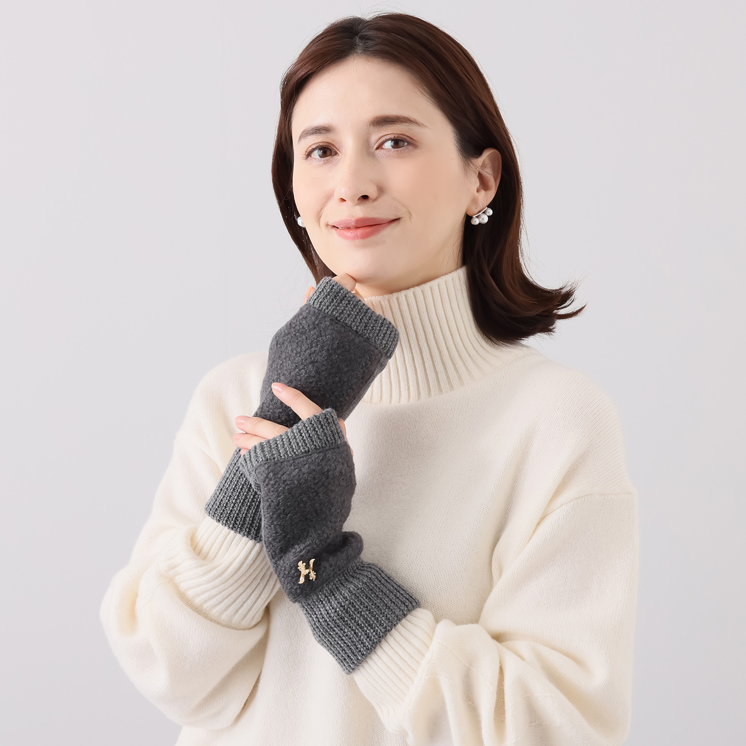 ヘ・エラ おしゃれであったか ウール切替 フィンガーレス ニットグローブ