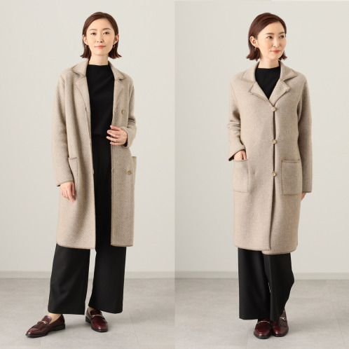 ネイチャーズ　無染色カシミヤ　ヘリンボーン柄　ジャガード編　リバーシブルコート