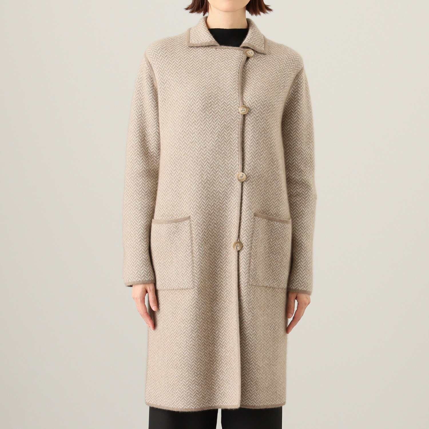 ネイチャーズ 無染色カシミヤ ヘリンボーン柄 ジャガード編 リバーシブルコート