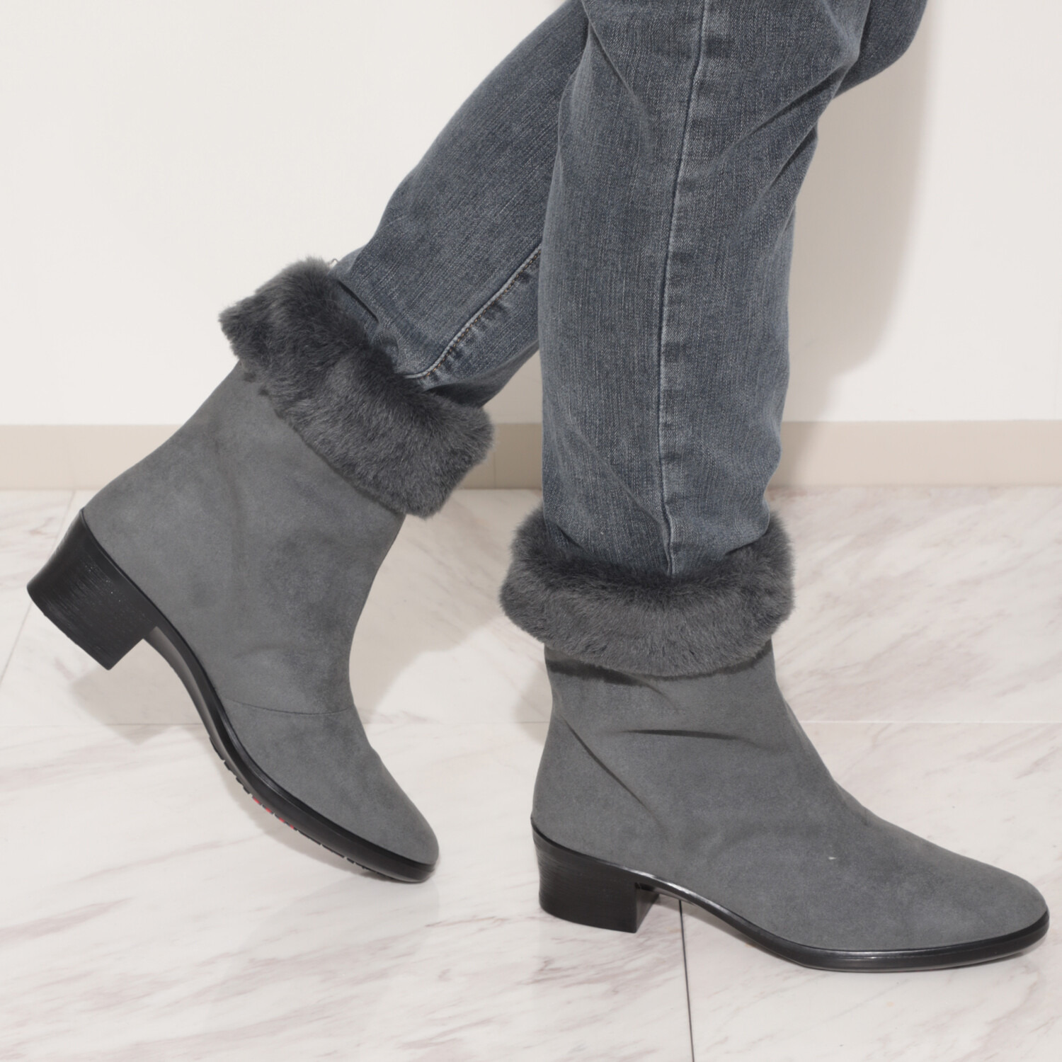 トップドライ 天気予報を気にせず履ける スエード調ファー付 エレガンスヒールブーツ