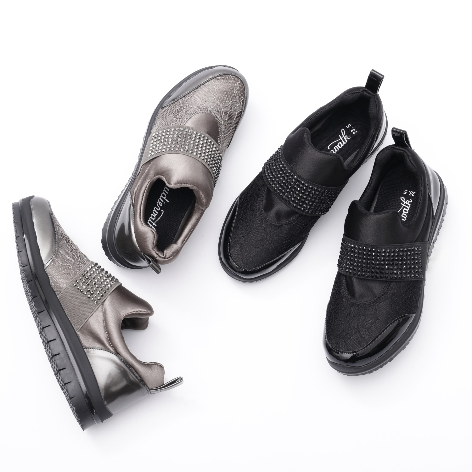 まるで裸足感覚！ 美ウォーキングに導く ヌーディウォーク スニーカー ストレッチレース コンビビジューベルト