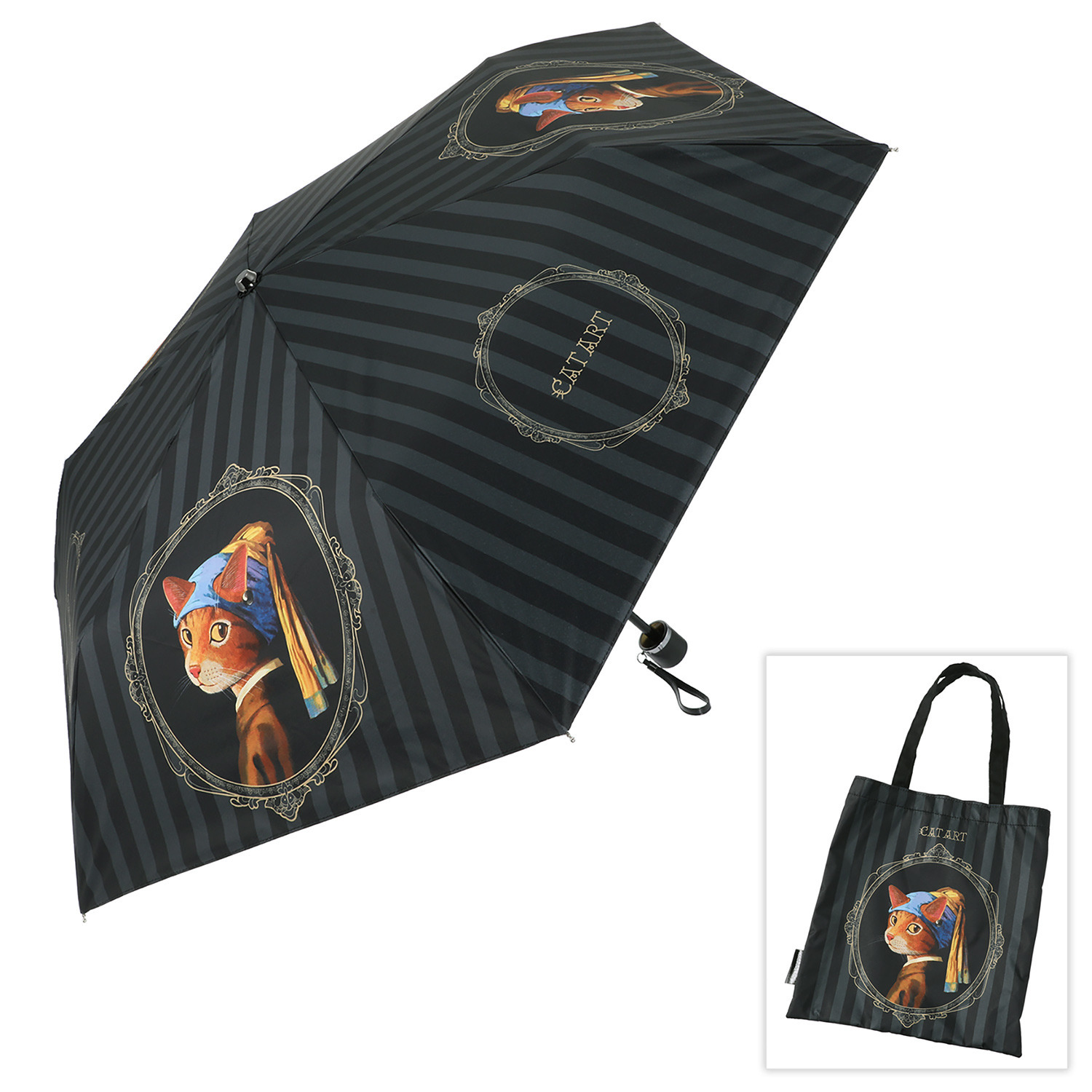 キャットアート 晴雨兼用　軽量 折りたたみミニ傘 収納バッグ付