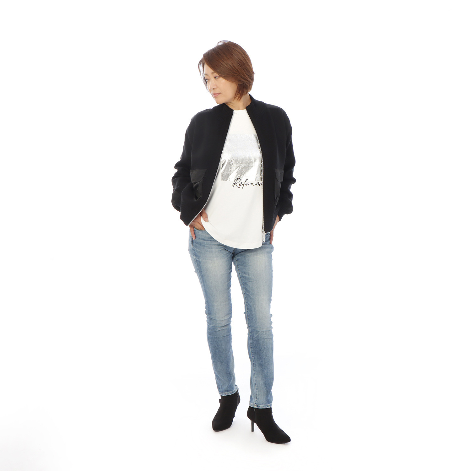 ヘブンアンドアース 箔プリント＆刺しゅう 起毛スムース ロングＴシャツ