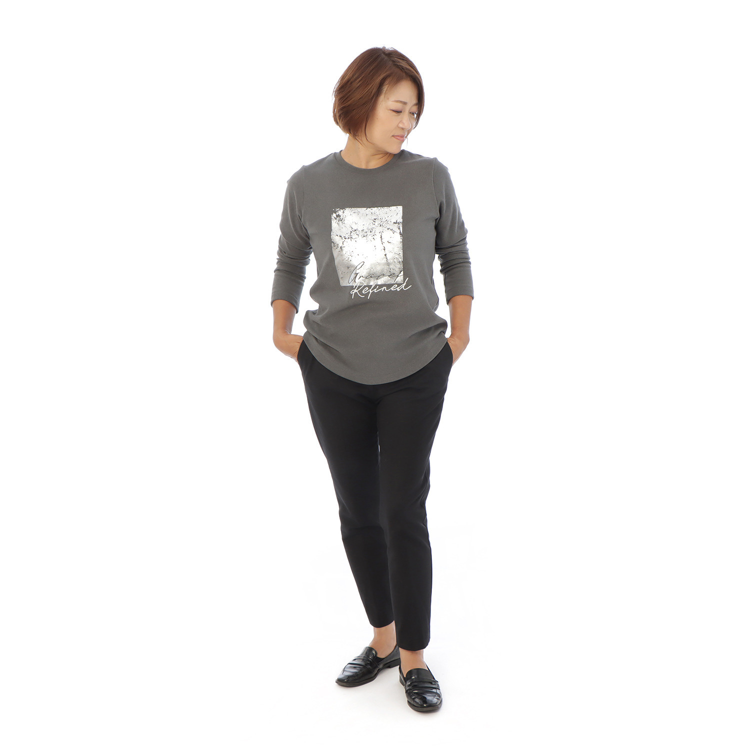 ヘブンアンドアース 箔プリント＆刺しゅう 起毛スムース ロングＴシャツ