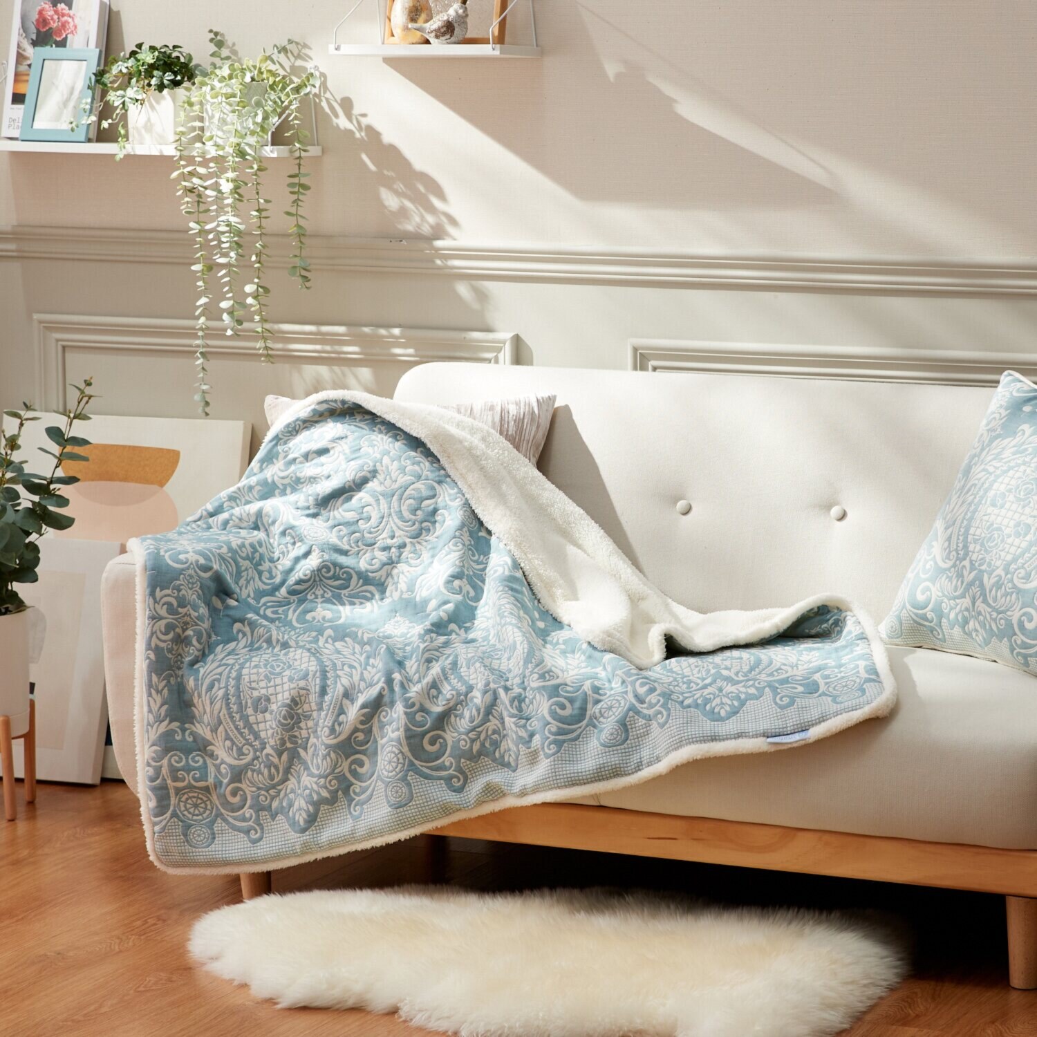 スワトウ刺しゅう協会 認定デザイン ジャガード織コットン生地 ×もこもこシープ調 ブランケット