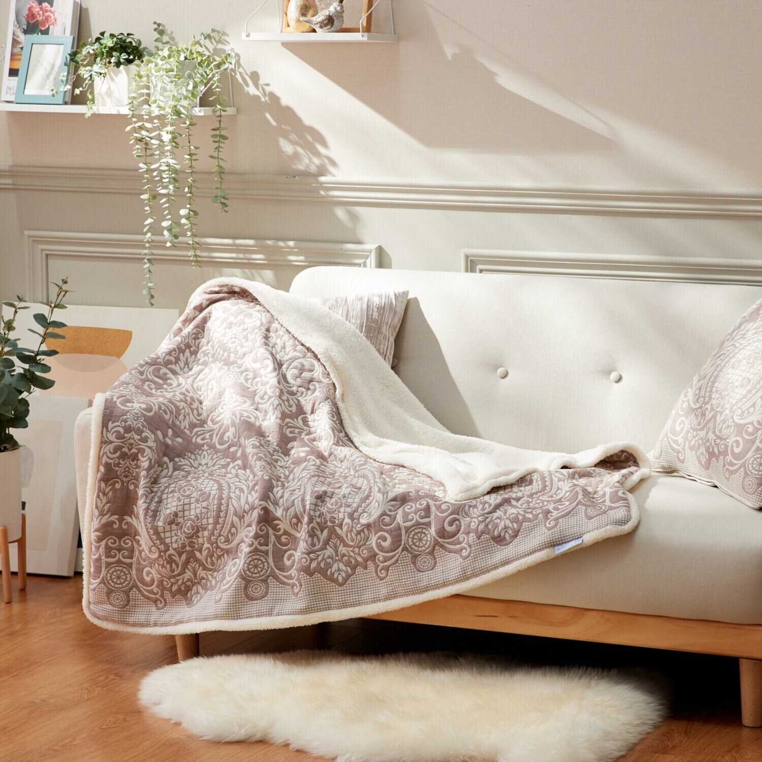 スワトウ刺しゅう協会 認定デザイン ジャガード織コットン生地 ×もこもこシープ調 ブランケット