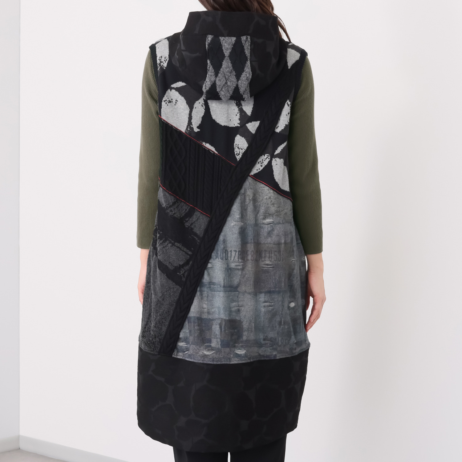 ヨシヨシ バイ　ピージェイ 異素材使い パッチワーク切替 デザインロングジレ