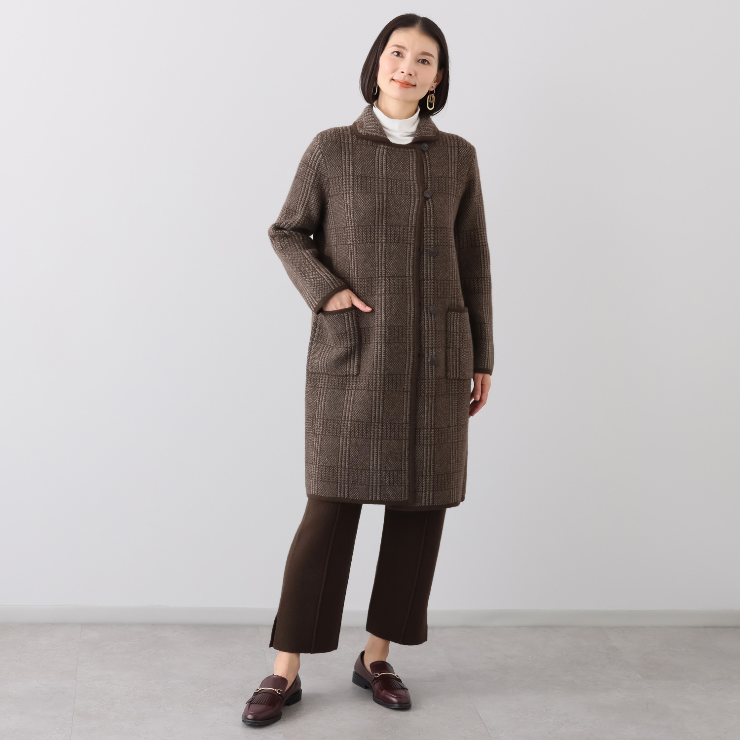 ネイチャーズ 無染色ヤク グレンチェック柄 ジャガードニットコート