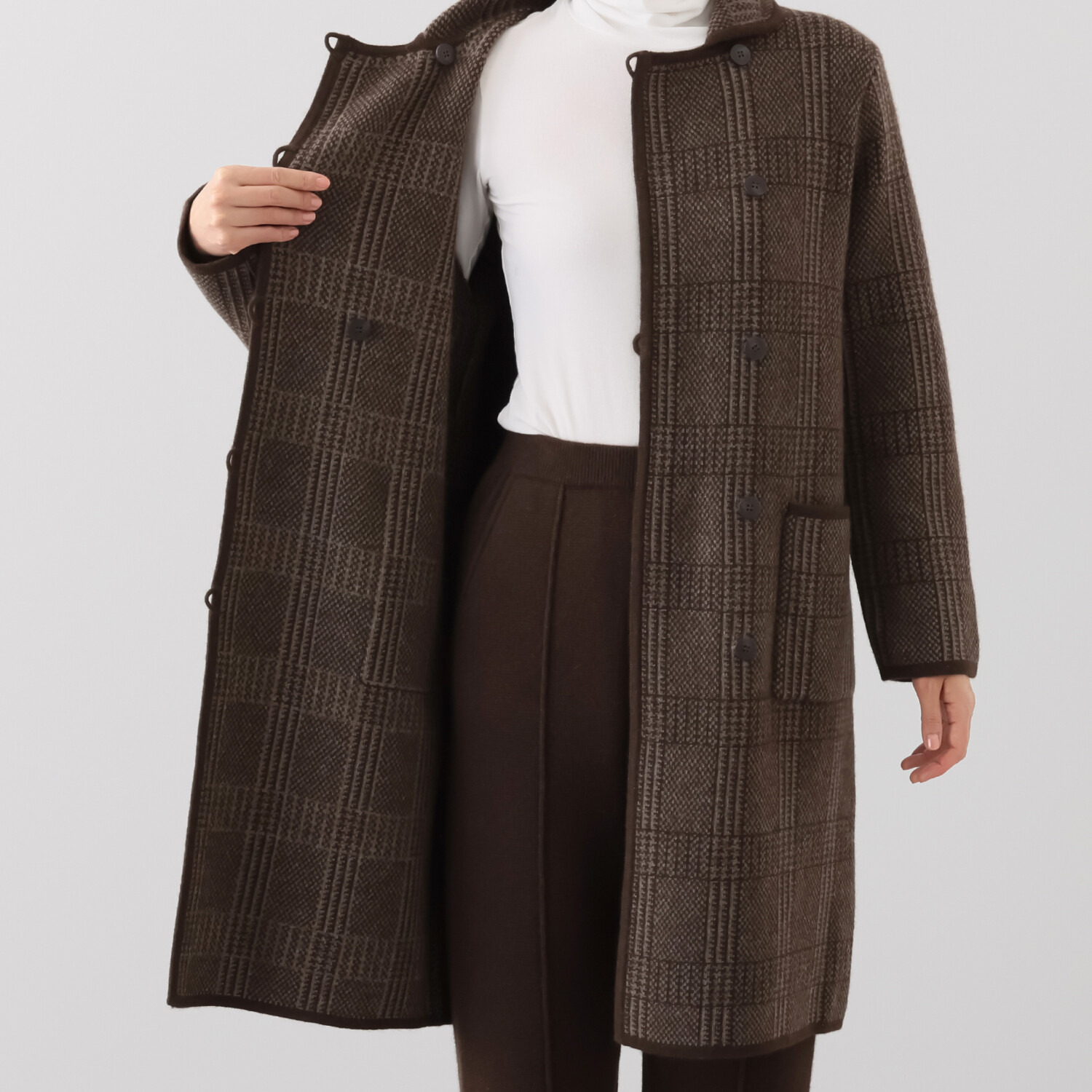 ネイチャーズ 無染色ヤク グレンチェック柄 ジャガードニットコート