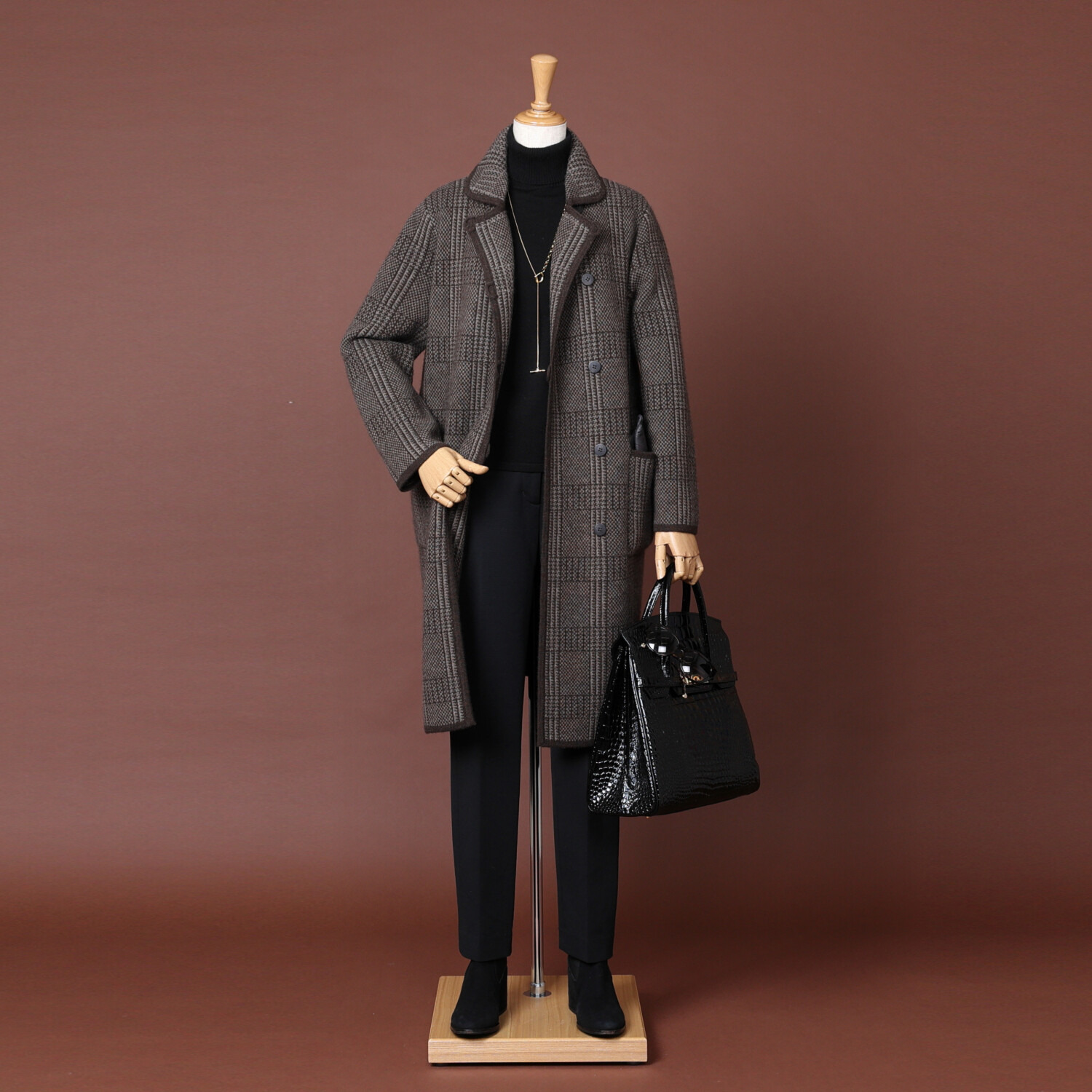 ネイチャーズ 無染色ヤク グレンチェック柄 ジャガードニットコート