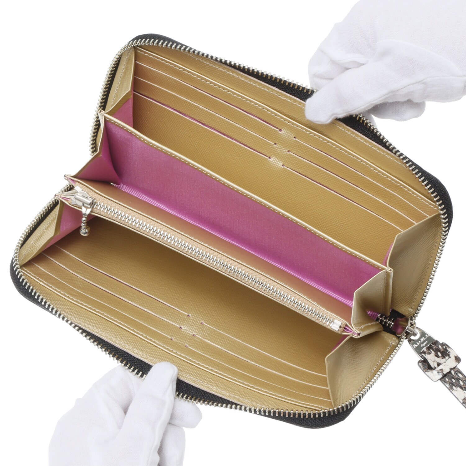 エーディーエムジェイ スネークレザー クリスタルガラス ラウンドウォレット