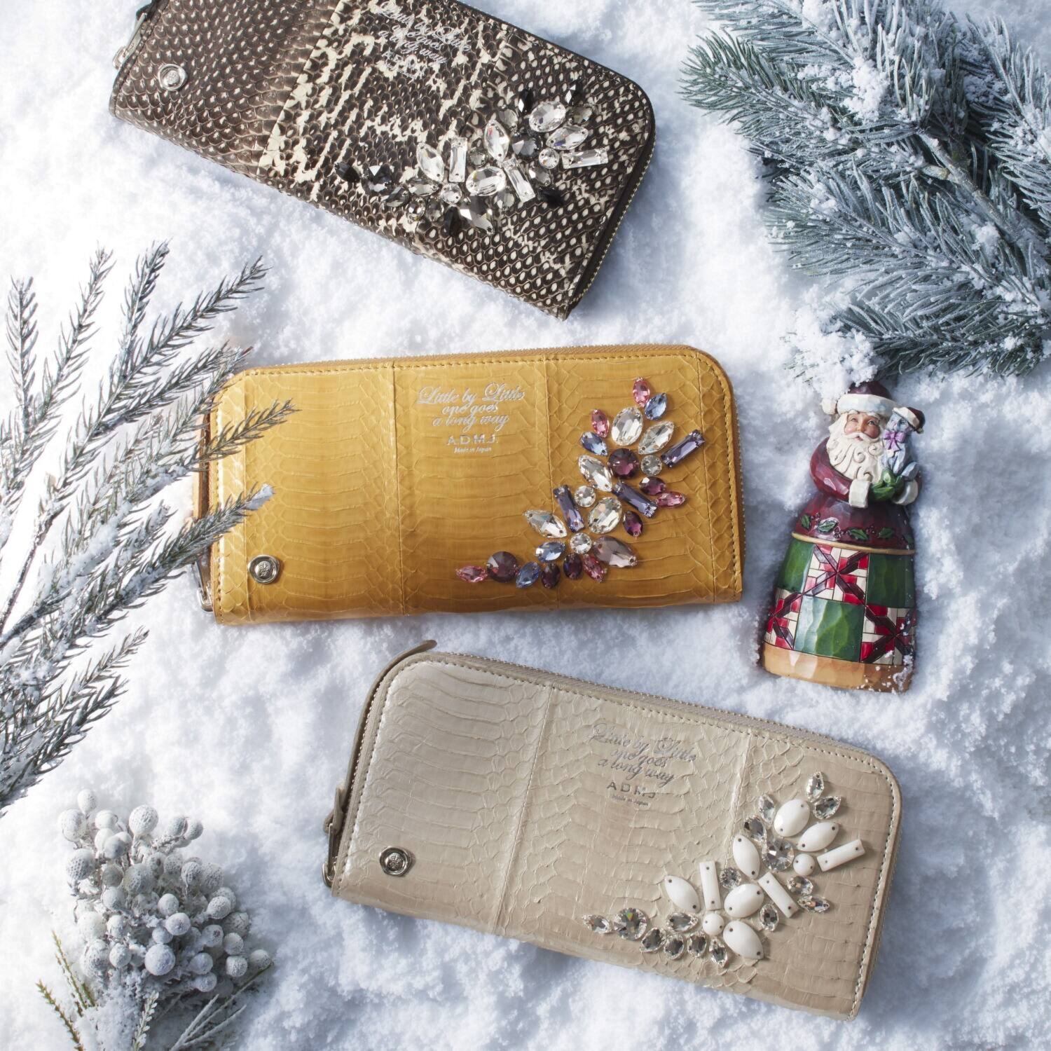 エーディーエムジェイ スネークレザー クリスタルガラス ラウンドウォレット