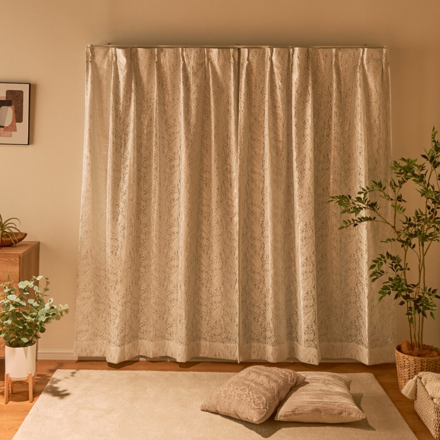 エコファイン 断熱・保温・ＵＶカットで お部屋を快適に エレガントなボタニカル柄 日本製 ２重レースカーテン２枚組 ＜１００×１９８ｃｍ＞