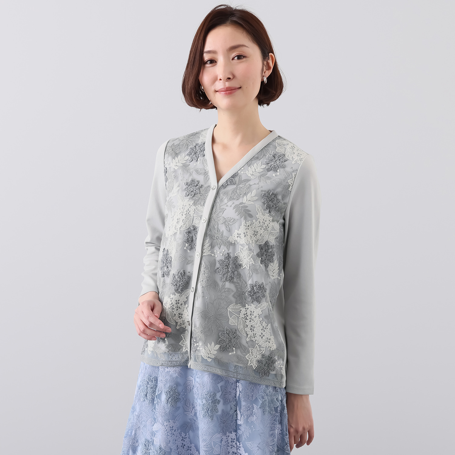 ルクオーレ シェニールアクセント レース切替 Ｖネックカーディガン