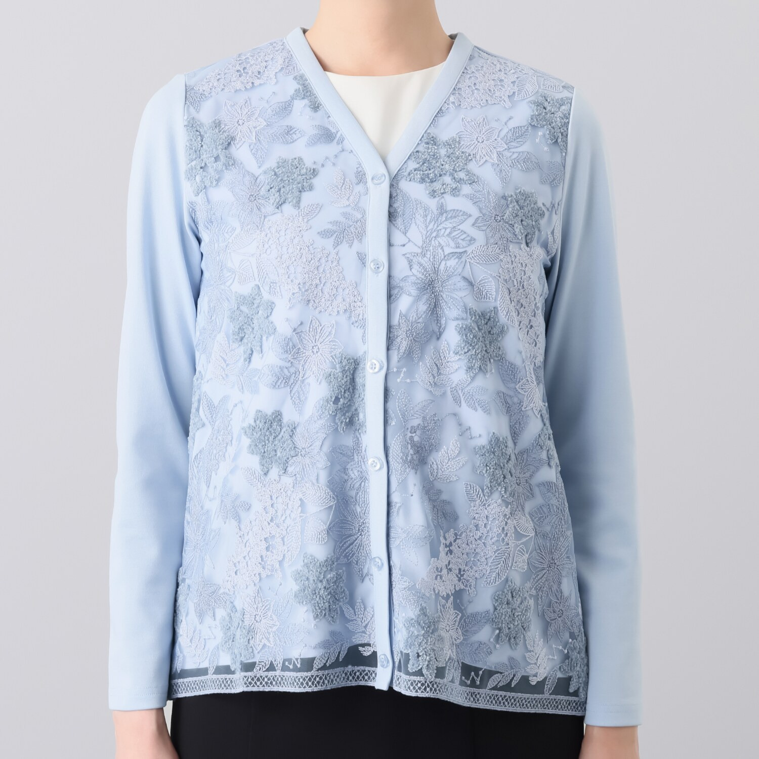 ルクオーレ シェニールアクセント レース切替 Ｖネックカーディガン