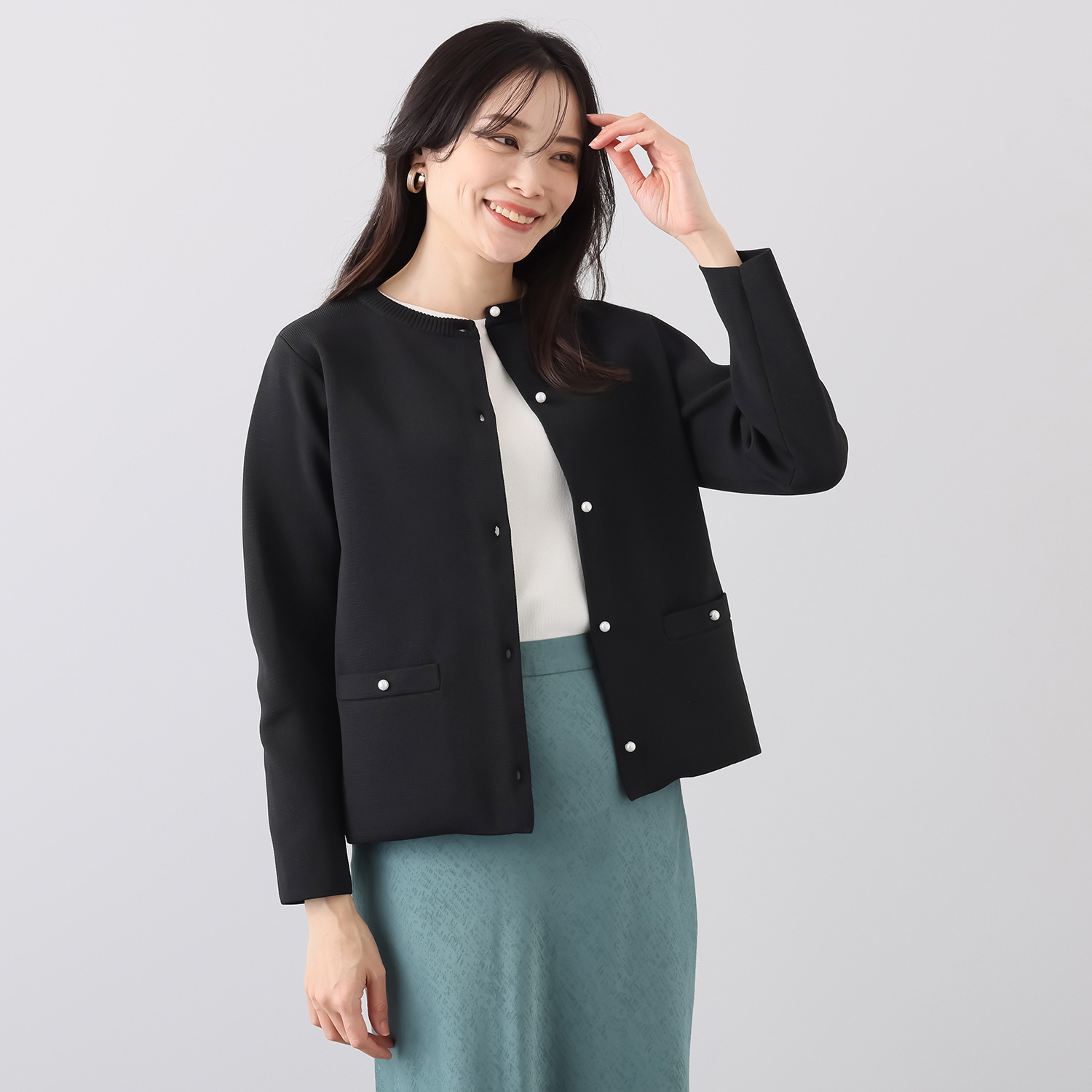 ルクオーレ きちんと見え パール調ボタンアクセント ハーフミラノリブ編 ニットカーディガン