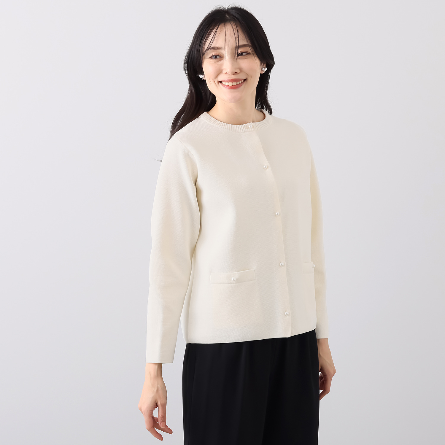 ルクオーレ きちんと見え パール調ボタンアクセント ハーフミラノリブ編 ニットカーディガン