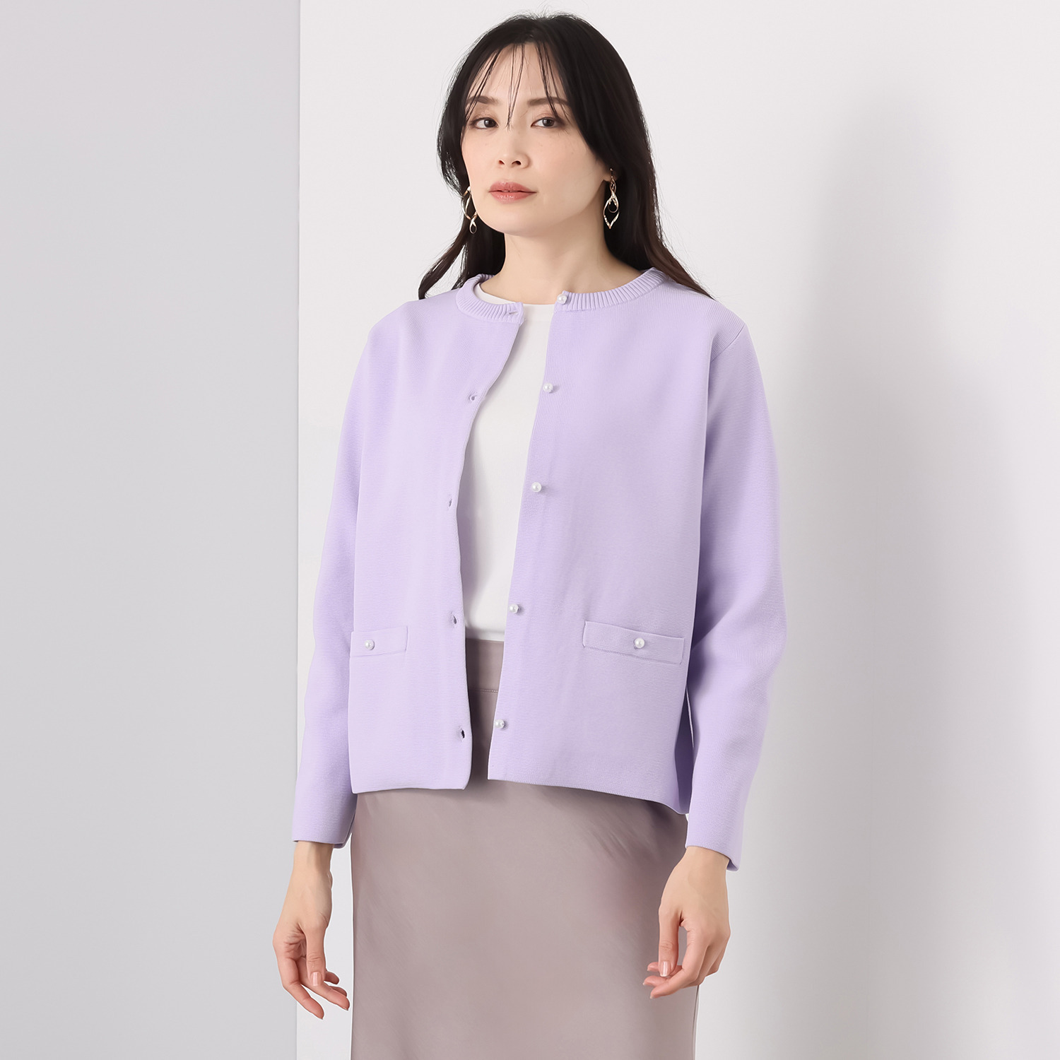 ルクオーレ きちんと見え パール調ボタンアクセント ハーフミラノリブ編 ニットカーディガン