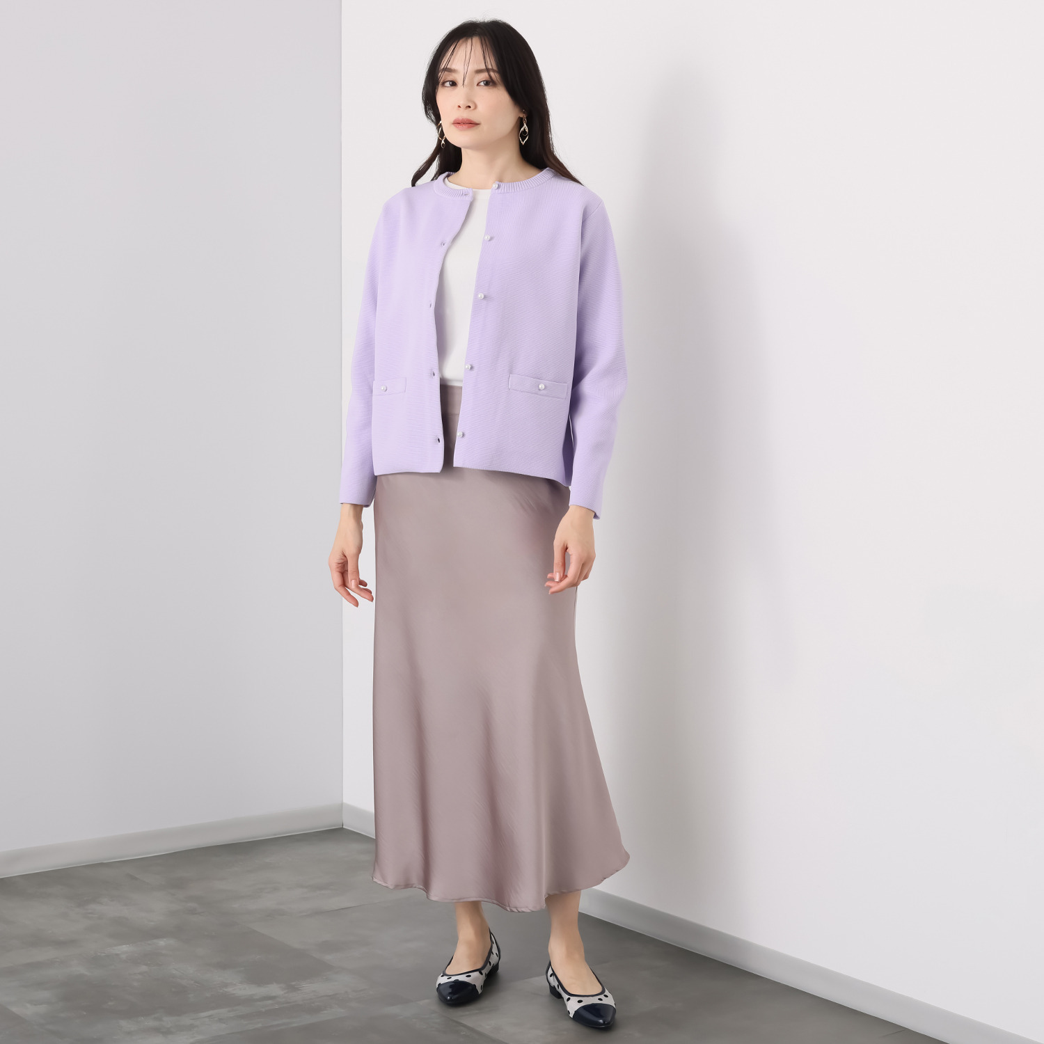 ルクオーレ きちんと見え パール調ボタンアクセント ハーフミラノリブ編 ニットカーディガン