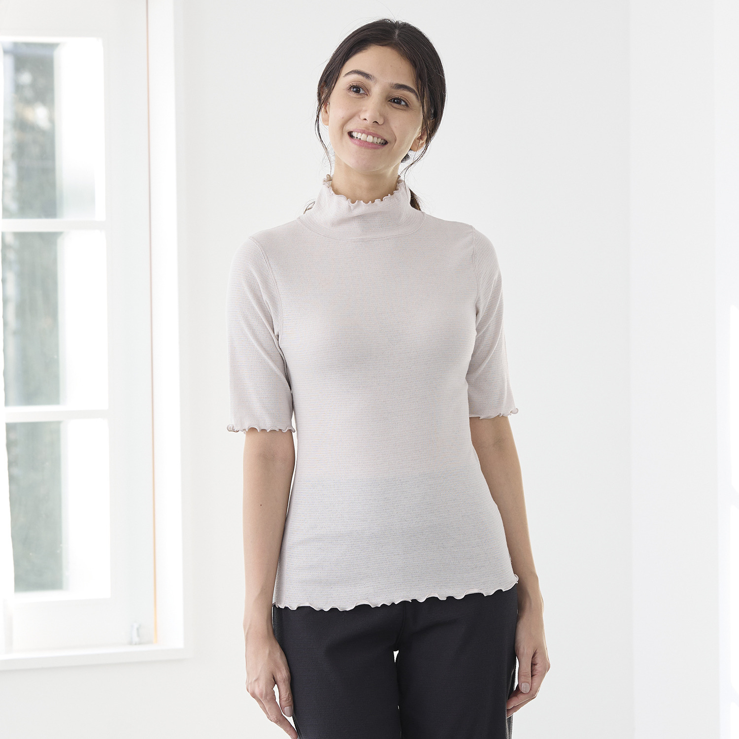 丸福ガーゼ 吸水速乾・抗菌防臭 綿モダール混 ハイネック 五分袖インナー