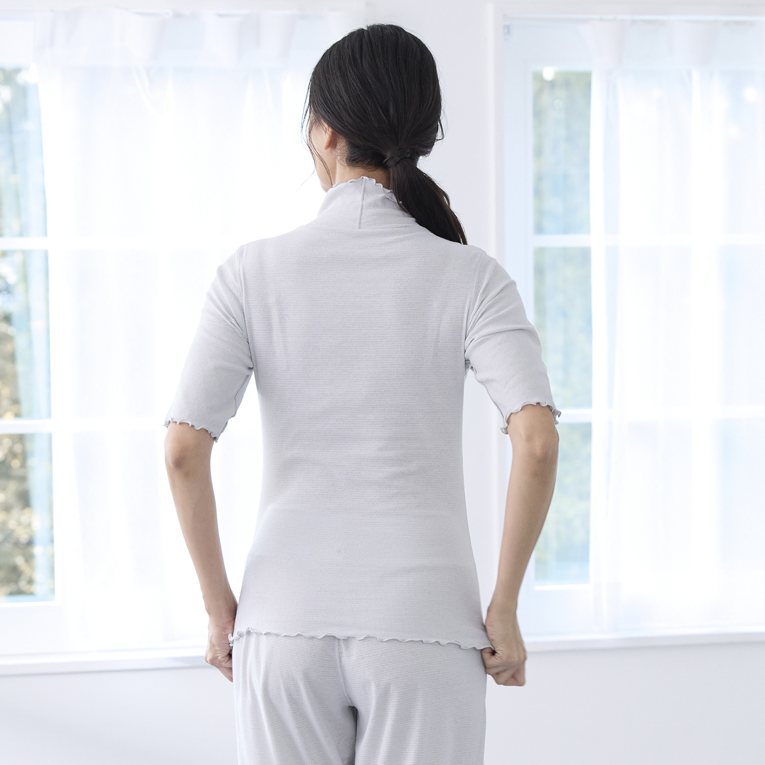 丸福ガーゼ 吸水速乾・抗菌防臭 綿モダール混 ハイネック 五分袖インナー