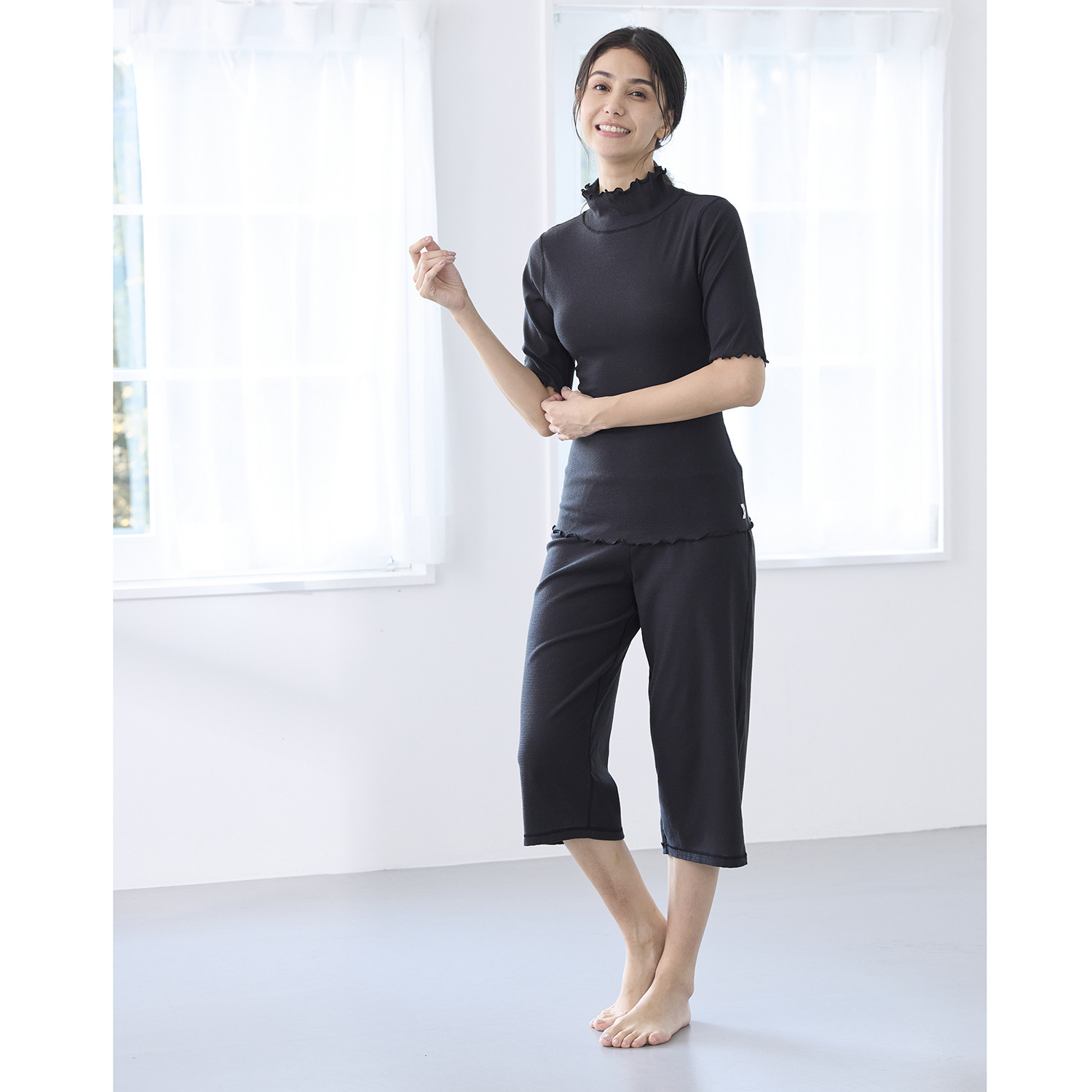 丸福ガーゼ 吸水速乾・抗菌防臭 綿モダール混 ハイネック 五分袖インナー