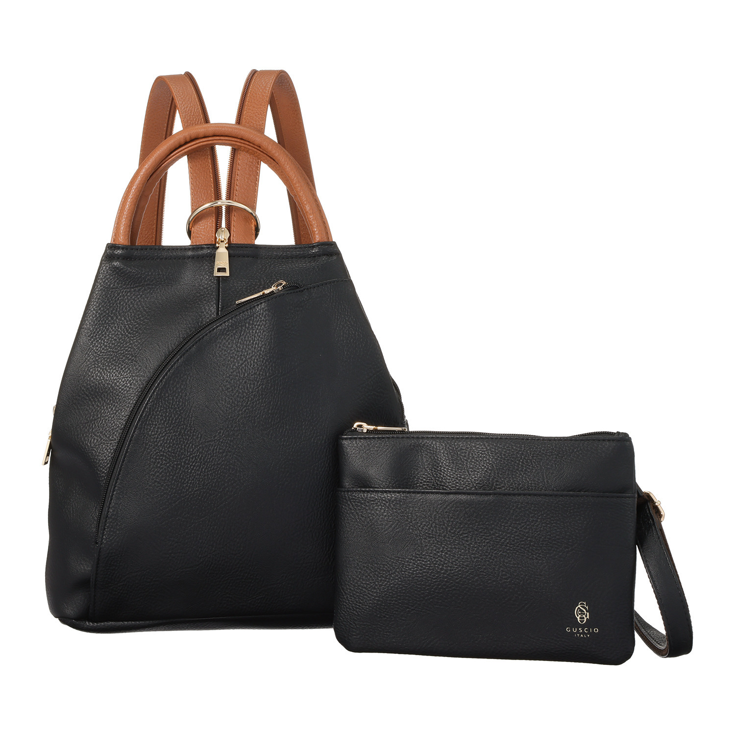 グッシオイタリー はっ水 こだわりのレザータッチ ６ポケット ３ウェイリュック ＜ショルダーバッグ付＞