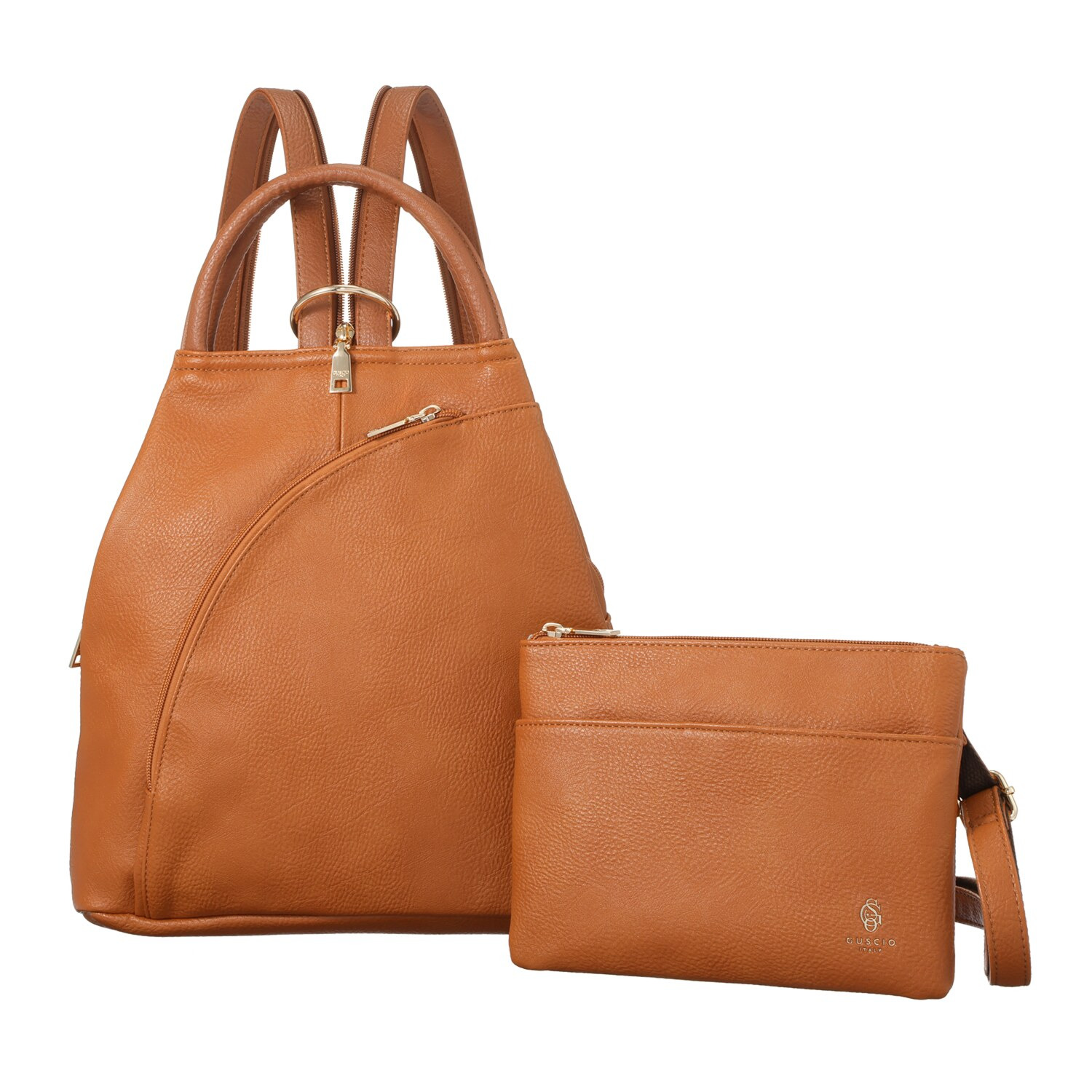 グッシオイタリー はっ水 こだわりのレザータッチ ６ポケット ３ウェイリュック ＜ショルダーバッグ付＞