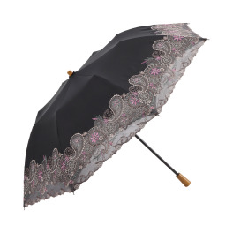 シノワズリーモダン 女優日傘 更紗ペイズリー カットワーク刺しゅう かわず張り晴雨兼用 ショート折りたたみ傘