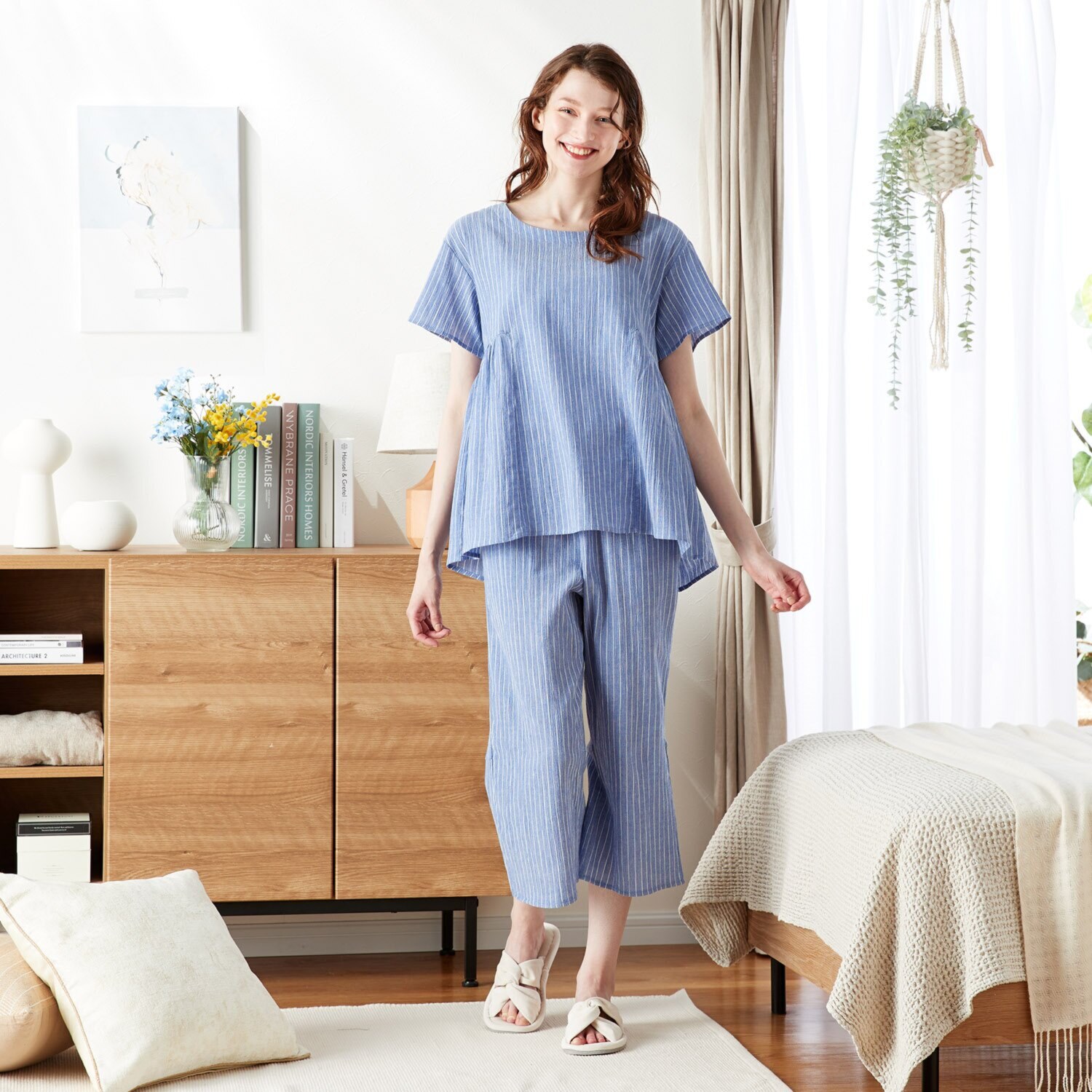 リラキュート 吸水速乾 綿１００％クレープ サイドギャザーＴシャツ＆ 切替フリル七分丈パンツ