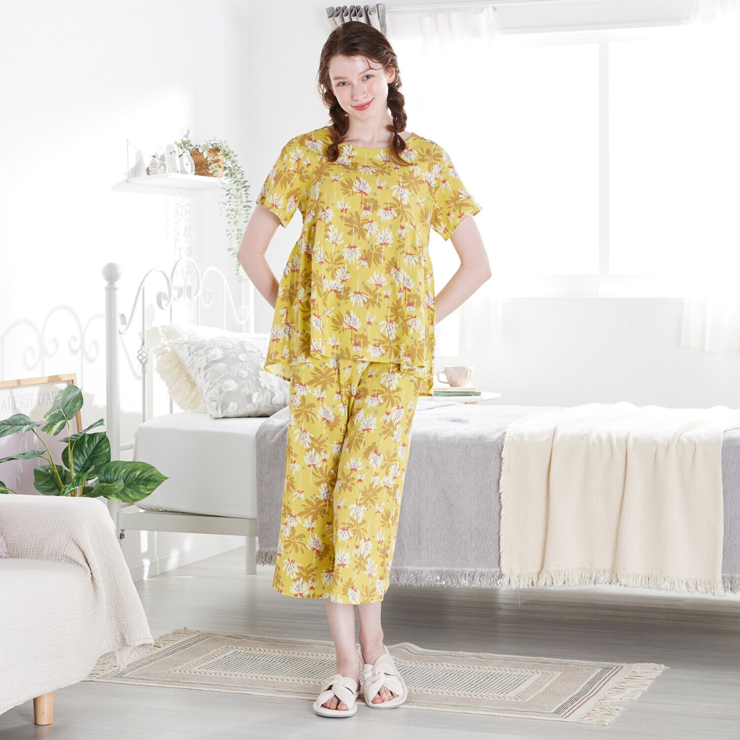 リラキュート 吸水速乾 綿１００％クレープ サイドギャザーＴシャツ＆ 切替フリル七分丈パンツ