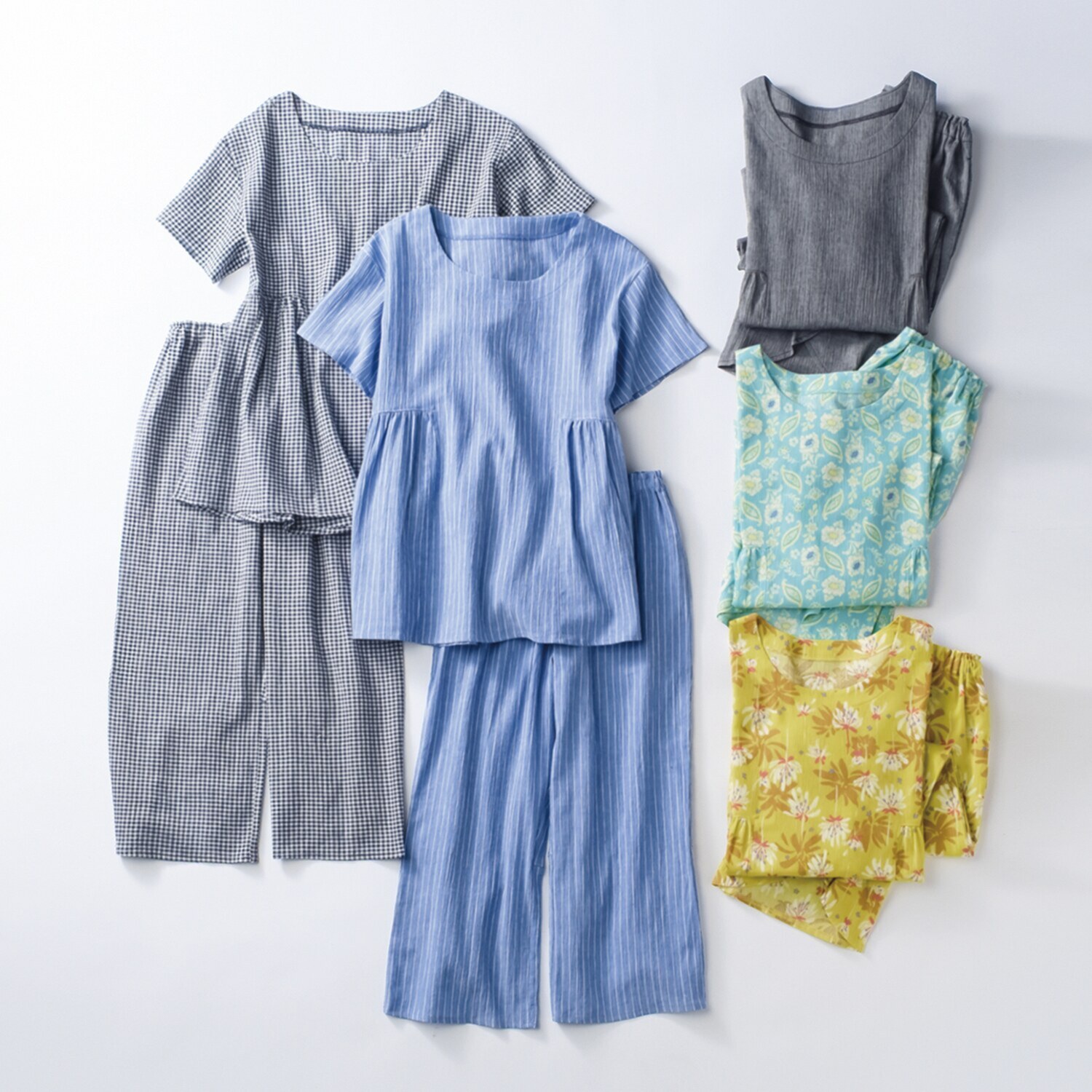 リラキュート 吸水速乾 綿１００％クレープ サイドギャザーＴシャツ＆ 切替フリル七分丈パンツ