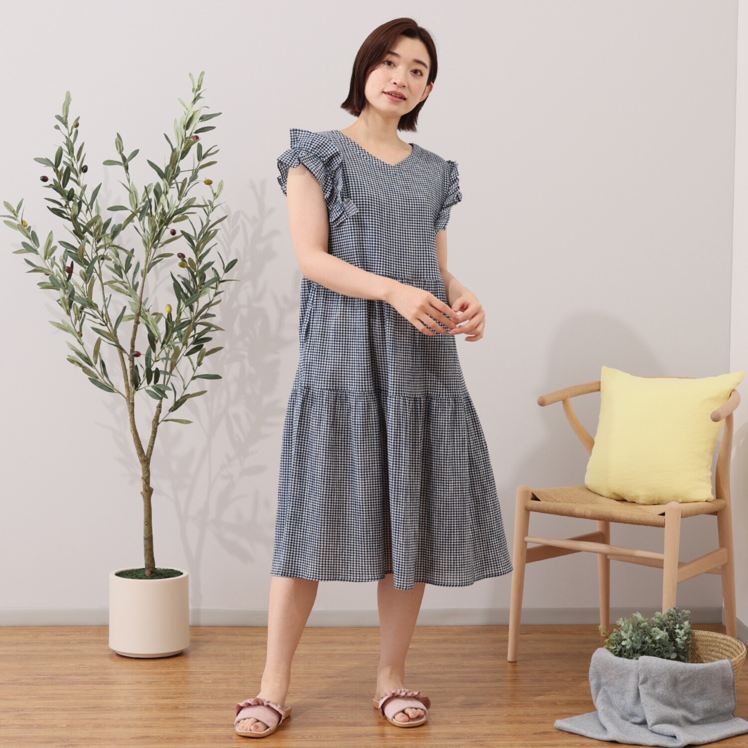 リラキュート 吸水速乾 綿１００％クレープ フリルスリーブ ティアードワンピース