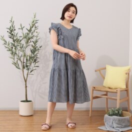 リラキュート 吸水速乾 綿１００％クレープ フリルスリーブ ティアードワンピース