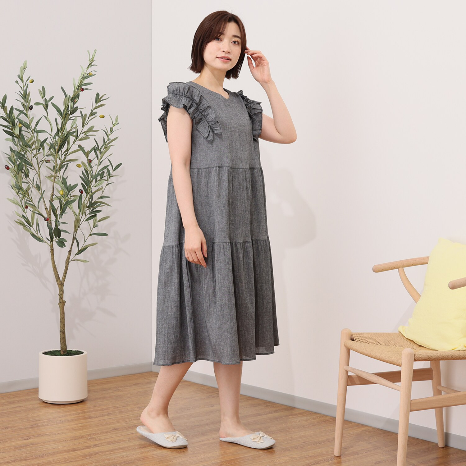 リラキュート 吸水速乾 綿１００％クレープ フリルスリーブ ティアードワンピース