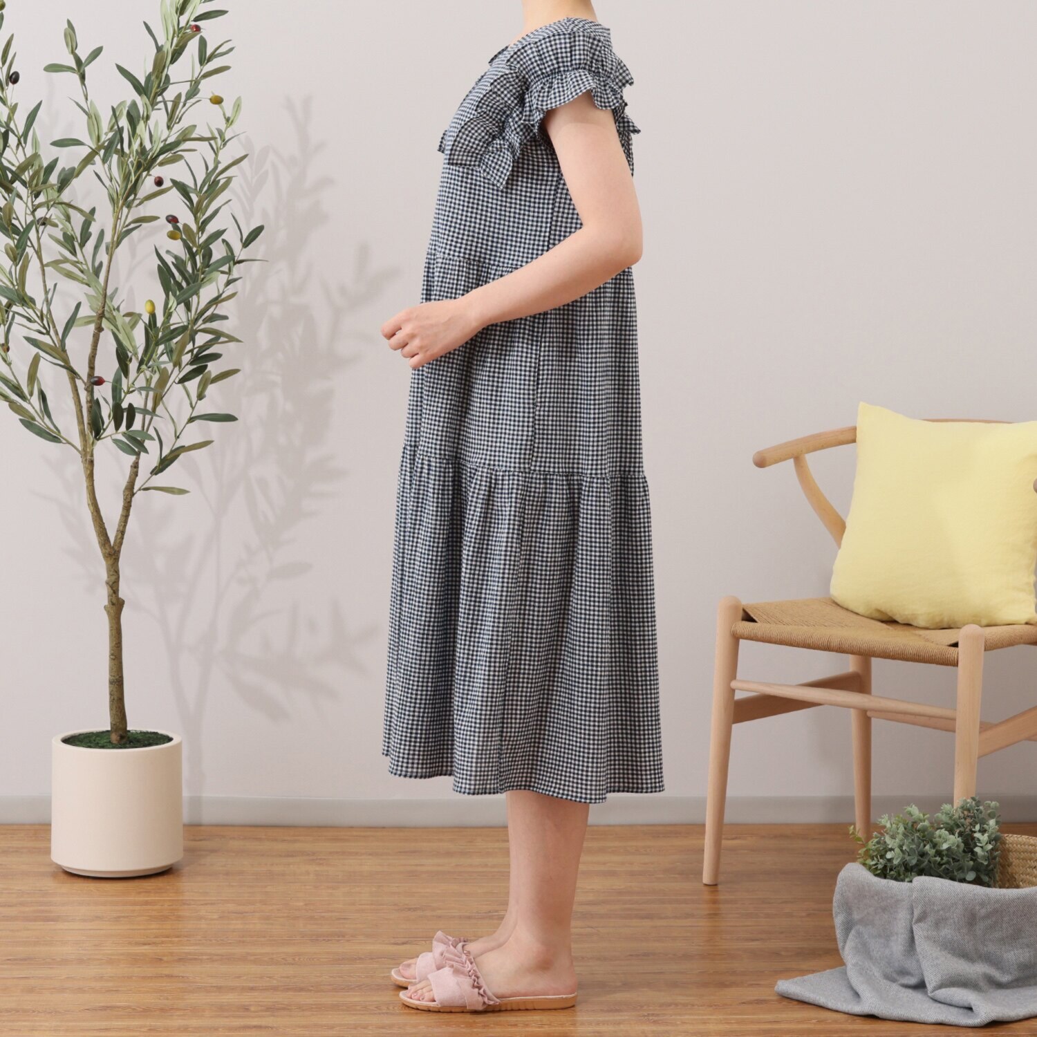 リラキュート 吸水速乾 綿１００％クレープ フリルスリーブ ティアードワンピース