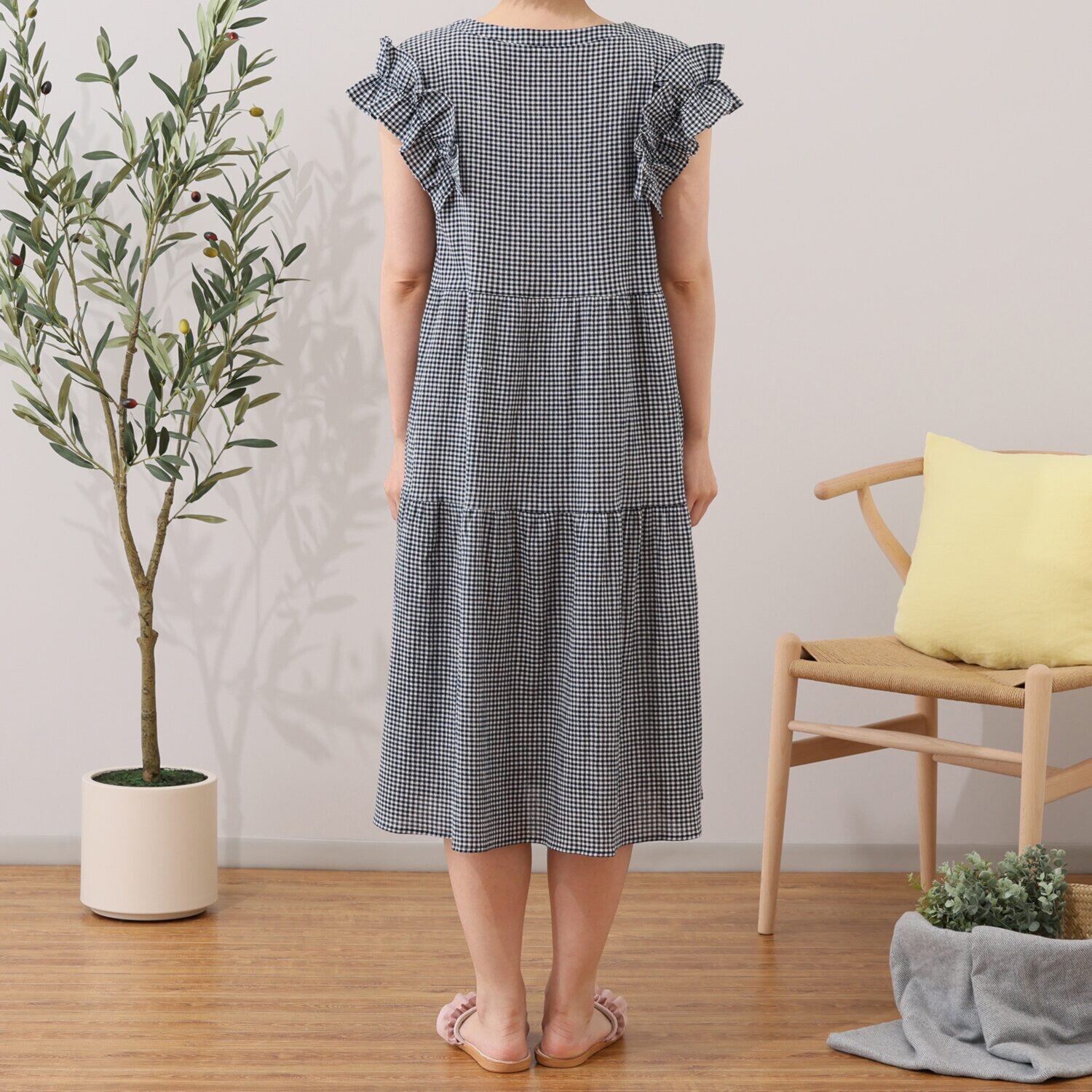 リラキュート 吸水速乾 綿１００％クレープ フリルスリーブ ティアードワンピース