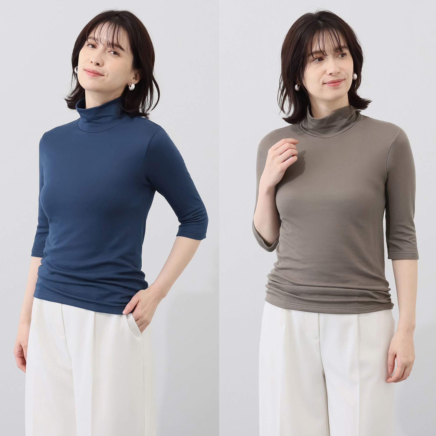 着まわし７デイズ 吸水速乾　紀州パイル ハイネック六分袖 プルオーバー２枚セット 