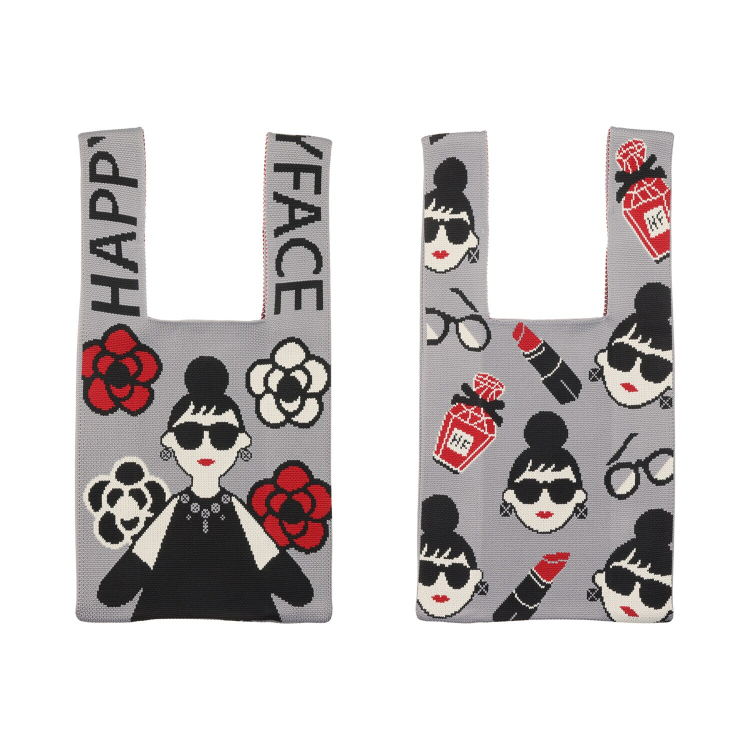 ハッピーフェイス ロゴ＆アイコンデザイン 両Ａ面ニットバッグ