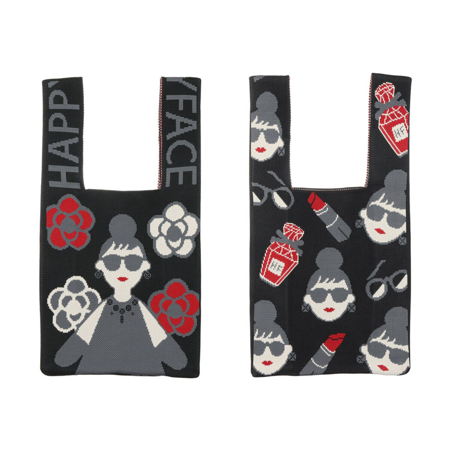 ハッピーフェイス ロゴ＆アイコンデザイン 両Ａ面ニットバッグ