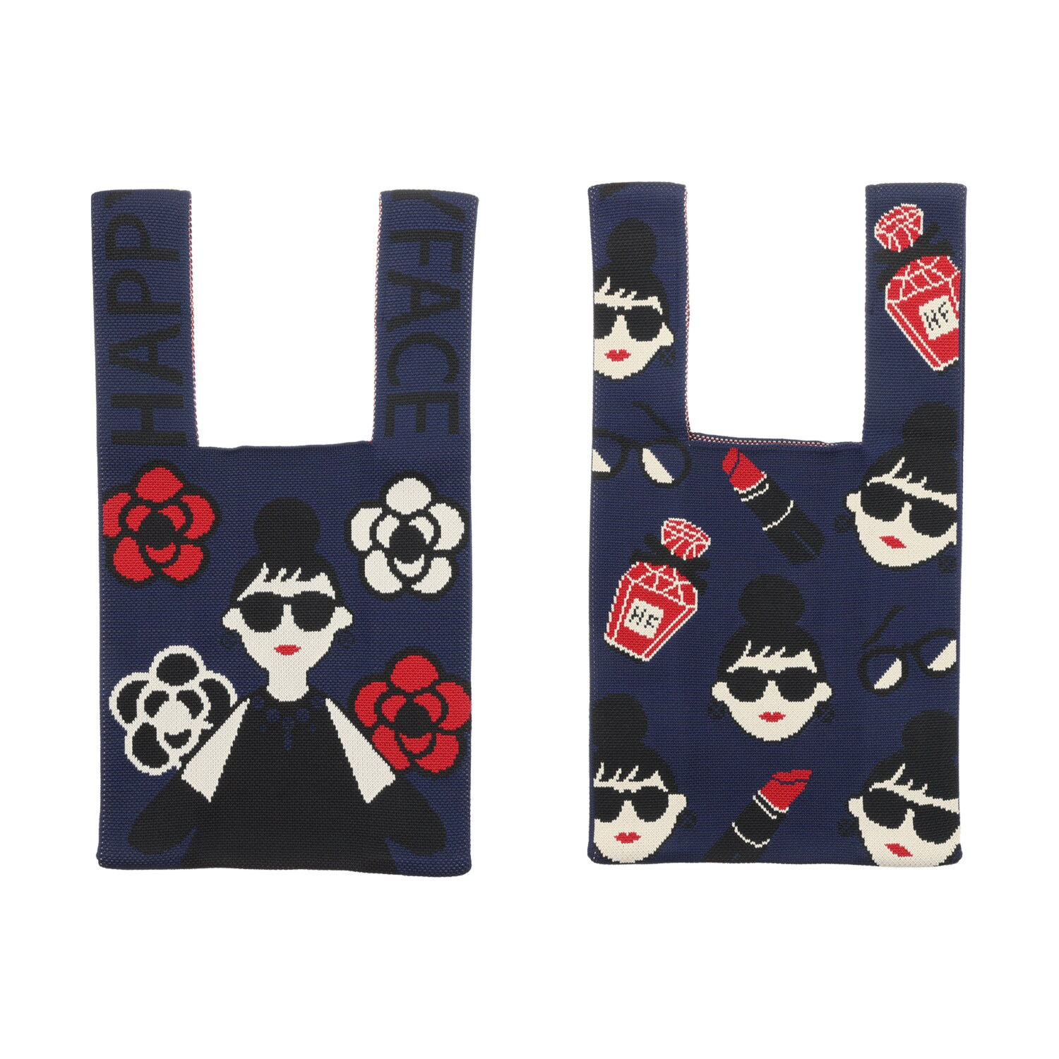 ハッピーフェイス ロゴ＆アイコンデザイン 両Ａ面ニットバッグ