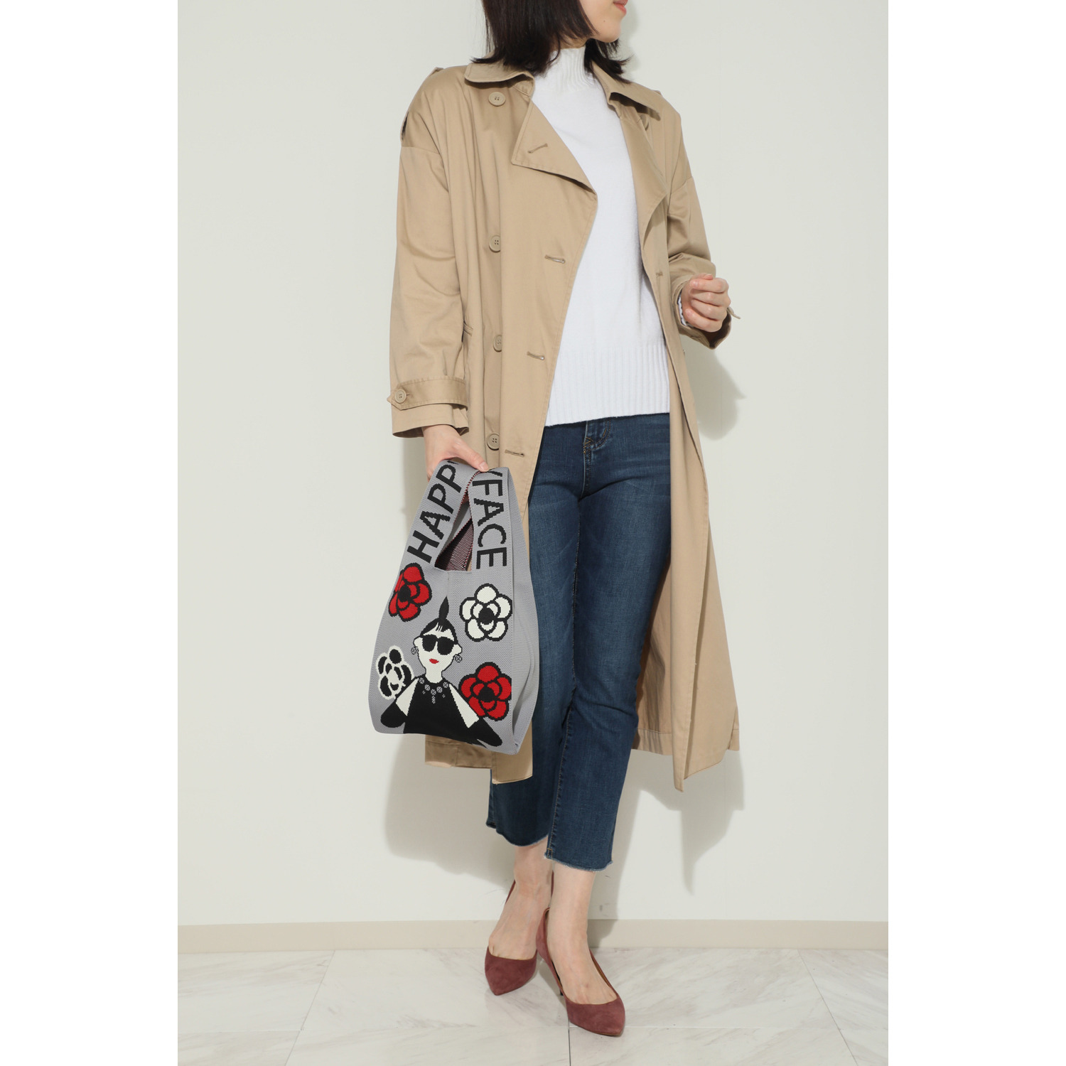 ハッピーフェイス ロゴ＆アイコンデザイン 両Ａ面ニットバッグ