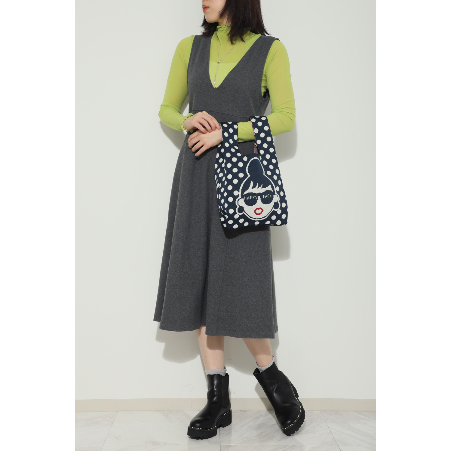 ハッピーフェイス ドットデザイン 両Ａ面ニットバッグ
