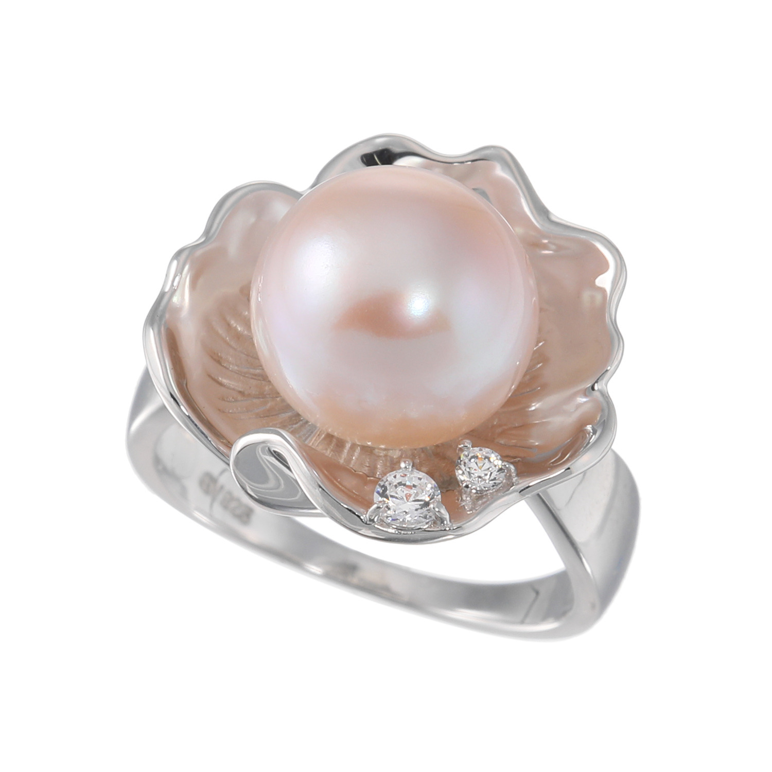 岩崎美智子コレクション シルバー 淡水ボタンパール＆ ＣＺ バラモティーフリング